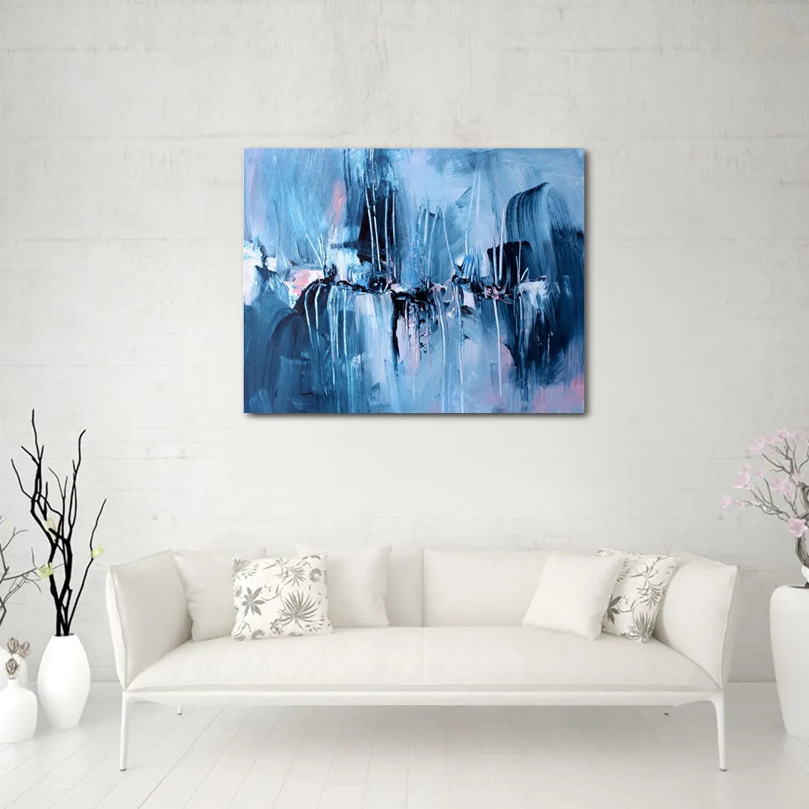 Framed horizontal blue & pink abstract wall art print