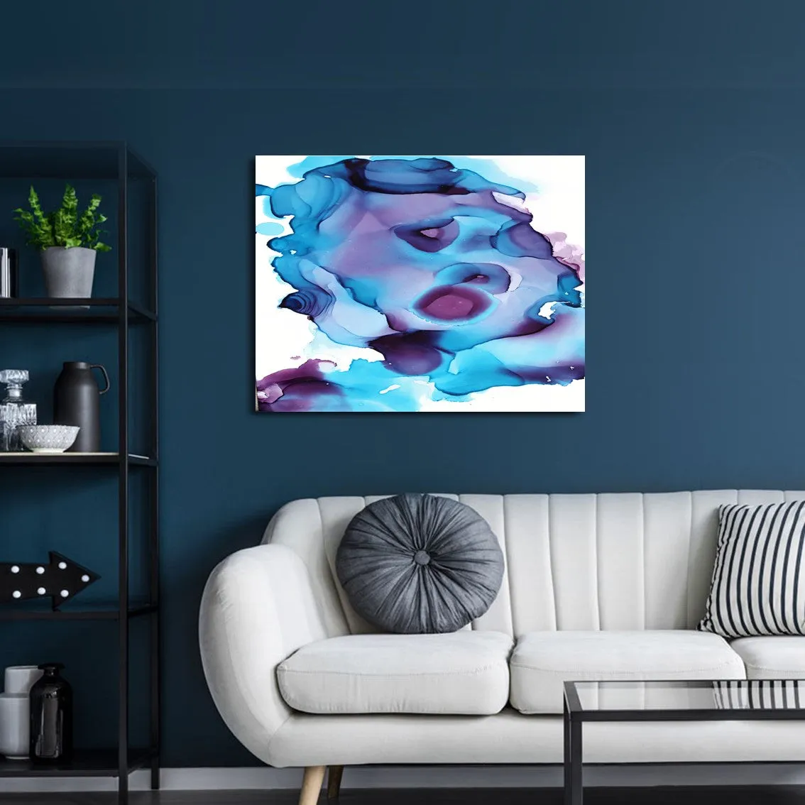 Framed horizontal blue & purple abstract alcohol ink art print