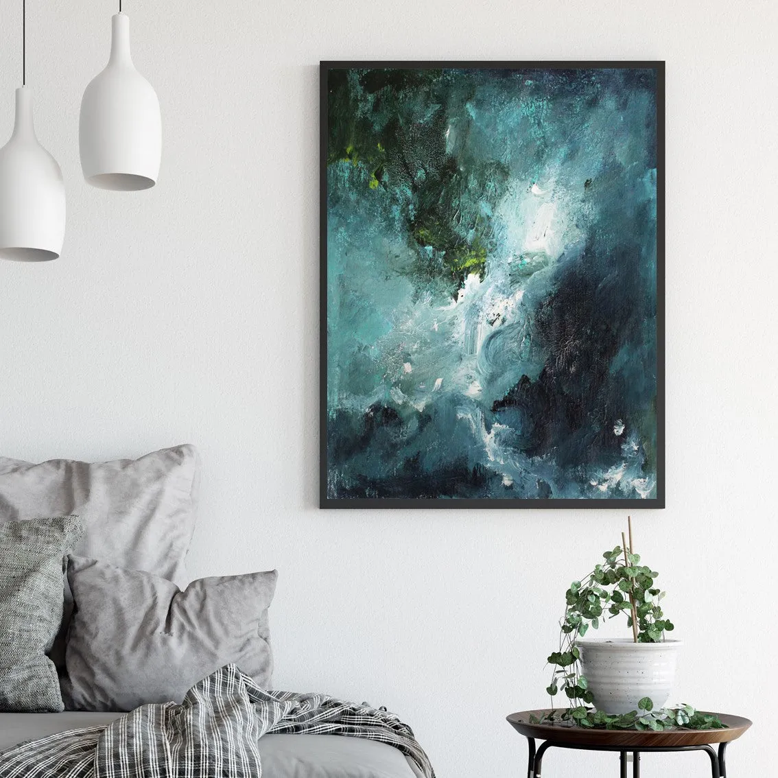 Framed vertical blue & green abstract wall art print