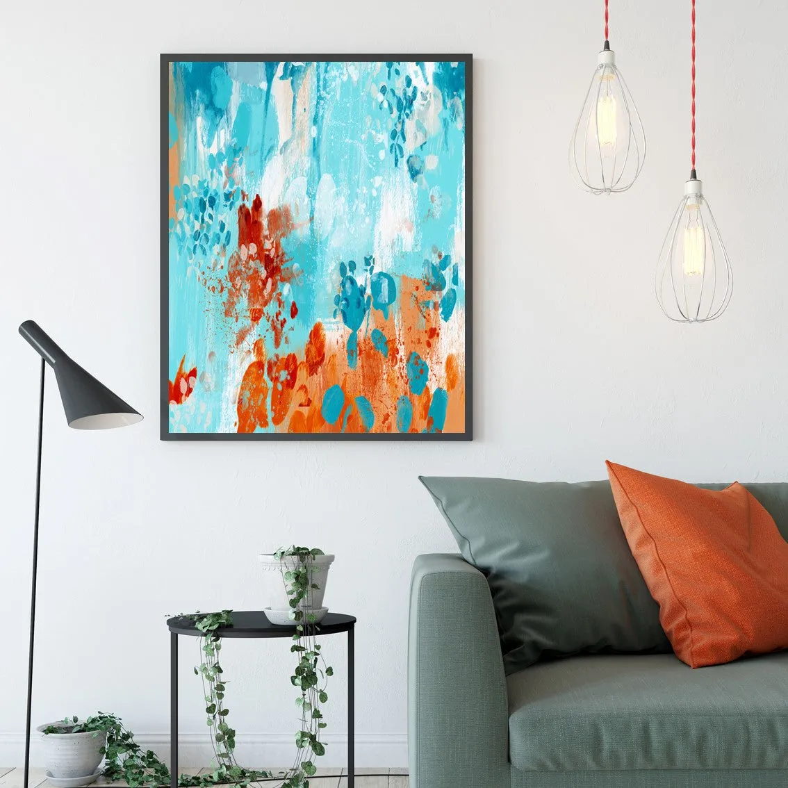 Framed vertical blue & orange abstract wall art print