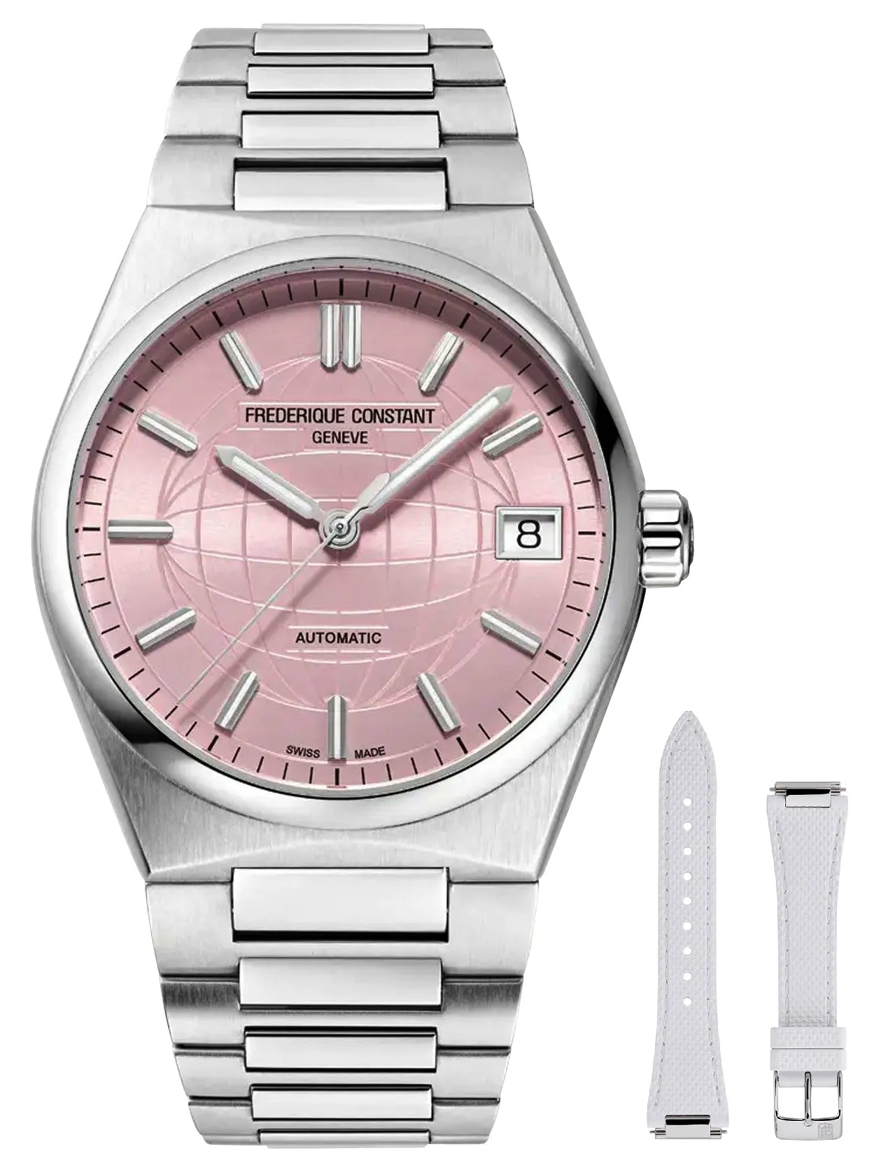 Frederique Constant Highlife Automatic Stainless Steel Pink Dial Interchangeable White Rubber Strap Date Womens Watch FC-303LP2NH6B