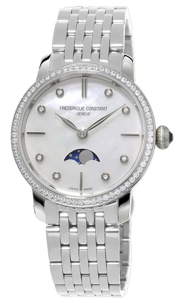 Frederique Constant Slimline Moonphase Stainless Steel Mother-of-Pearl Dial Diamonds Quartz Womens Watch FC-206MPWD1SD6B