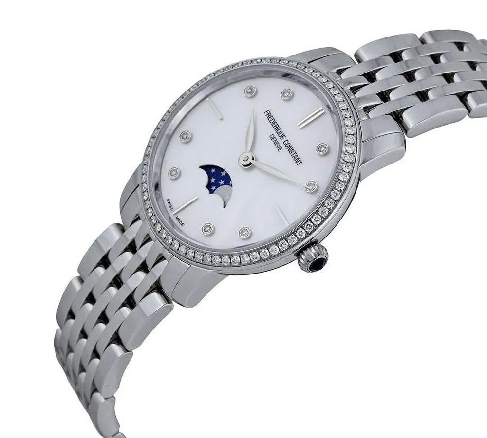 Frederique Constant Slimline Moonphase Stainless Steel Mother-of-Pearl Dial Diamonds Quartz Womens Watch FC-206MPWD1SD6B