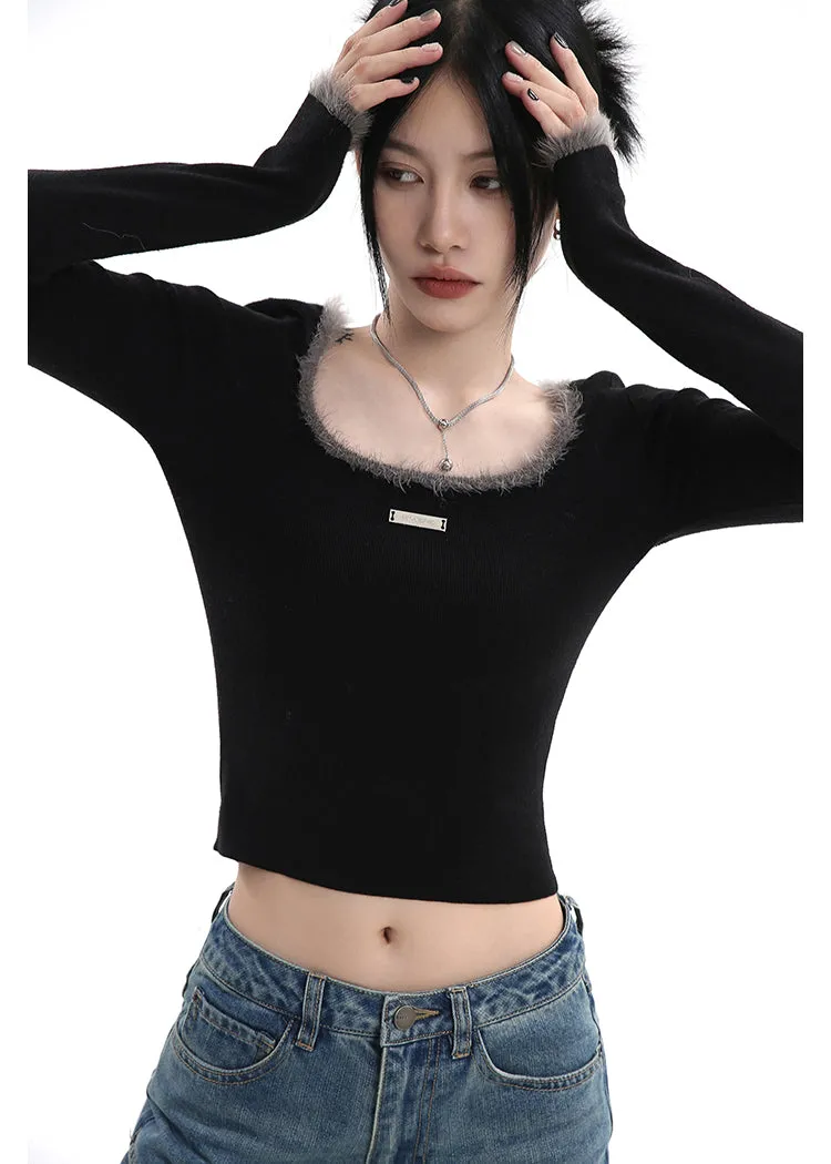 Fuzzy Collar and Sleeve Skinny Crop Top