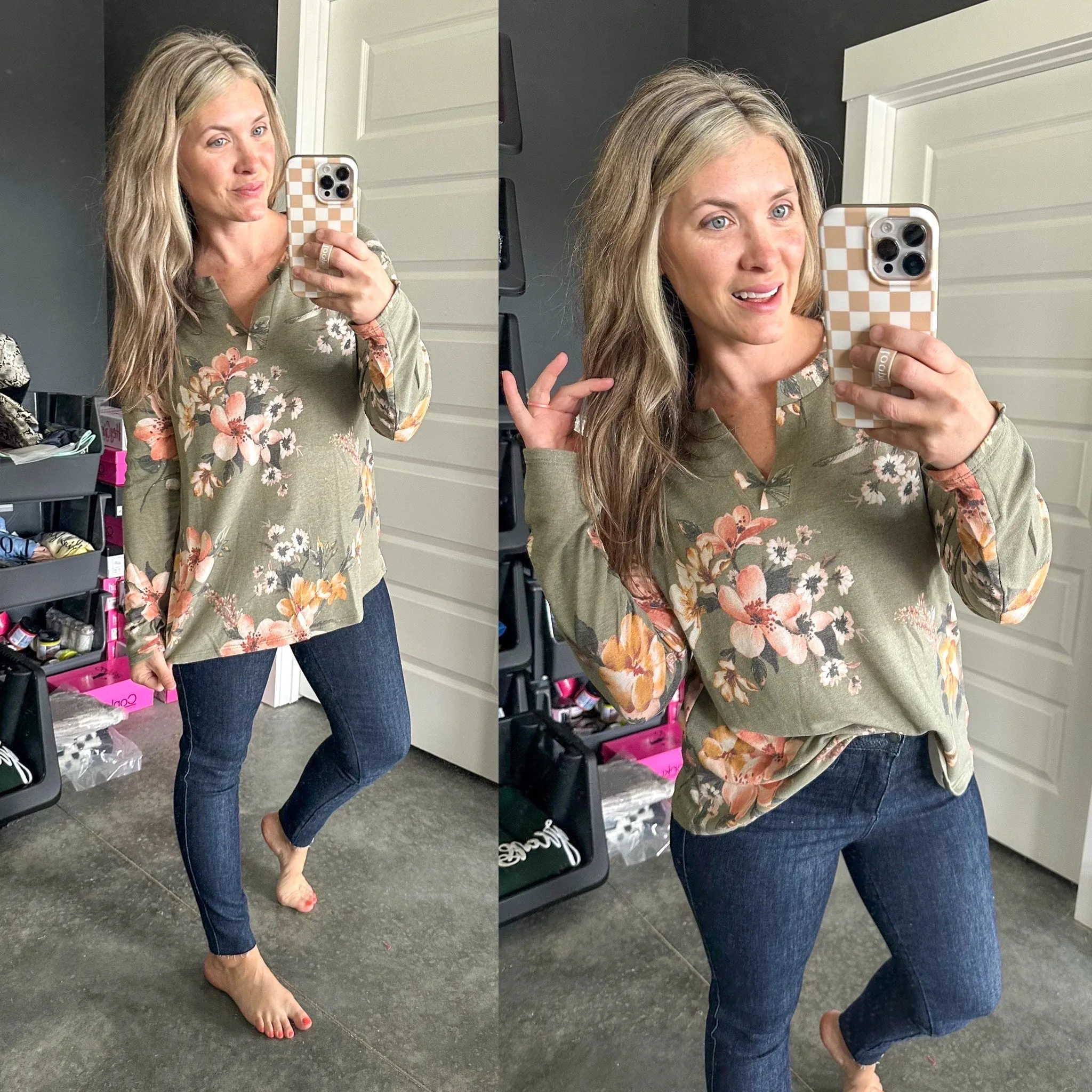 Gabby Front Cozy Long Sleeve Top In Olive Florals