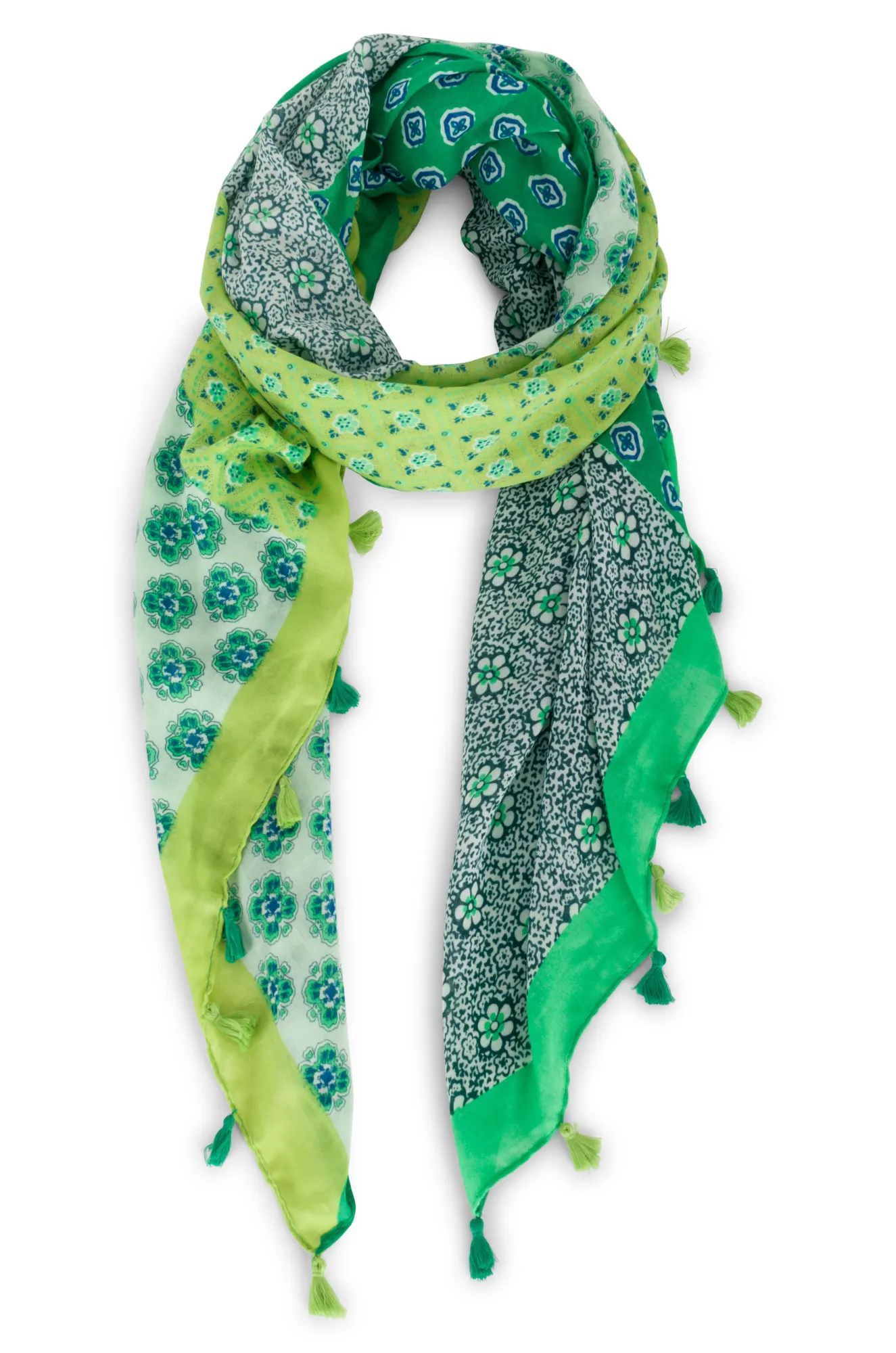 Green print Scarf with tassels | GREENS | 0525YY