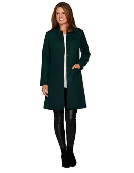 H by Halston Knee Length Snap Front Coat with Notch Colla, Size 10, Dark Emerald