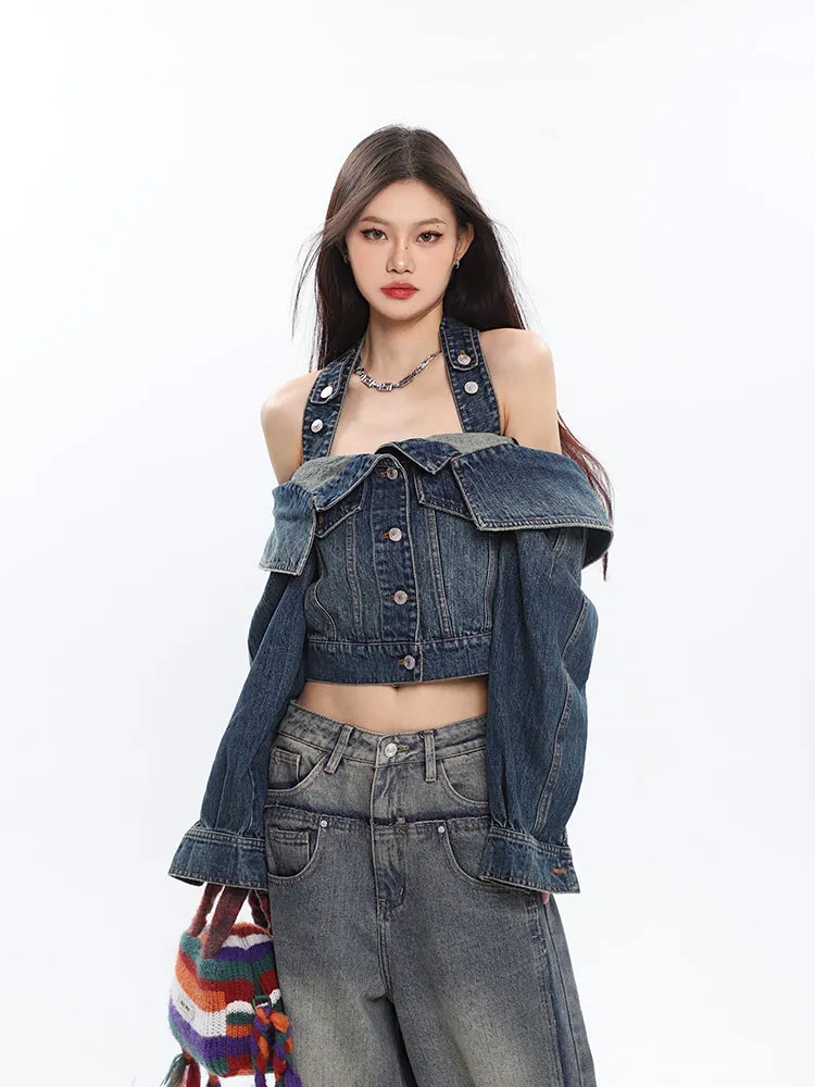 Halter Neck Denim Crop Top