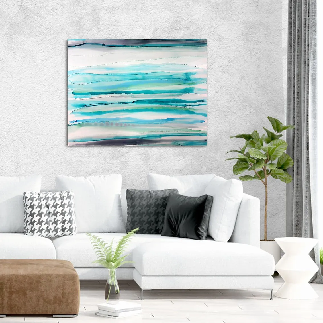 Horizontal aqua blue & grey abstract alcohol ink art print