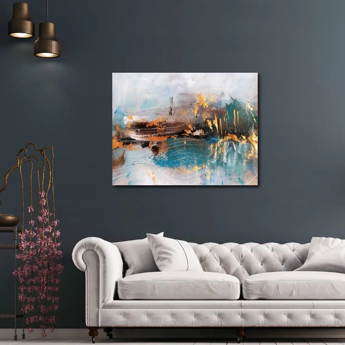 Horizontal blue & gold abstract landscape wall art print