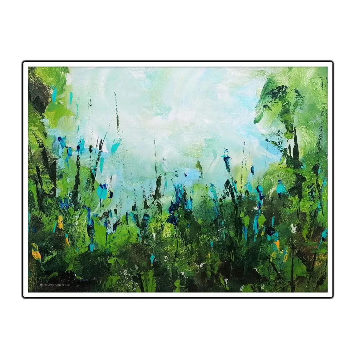 Horizontal blue & green abstract floral wall art print