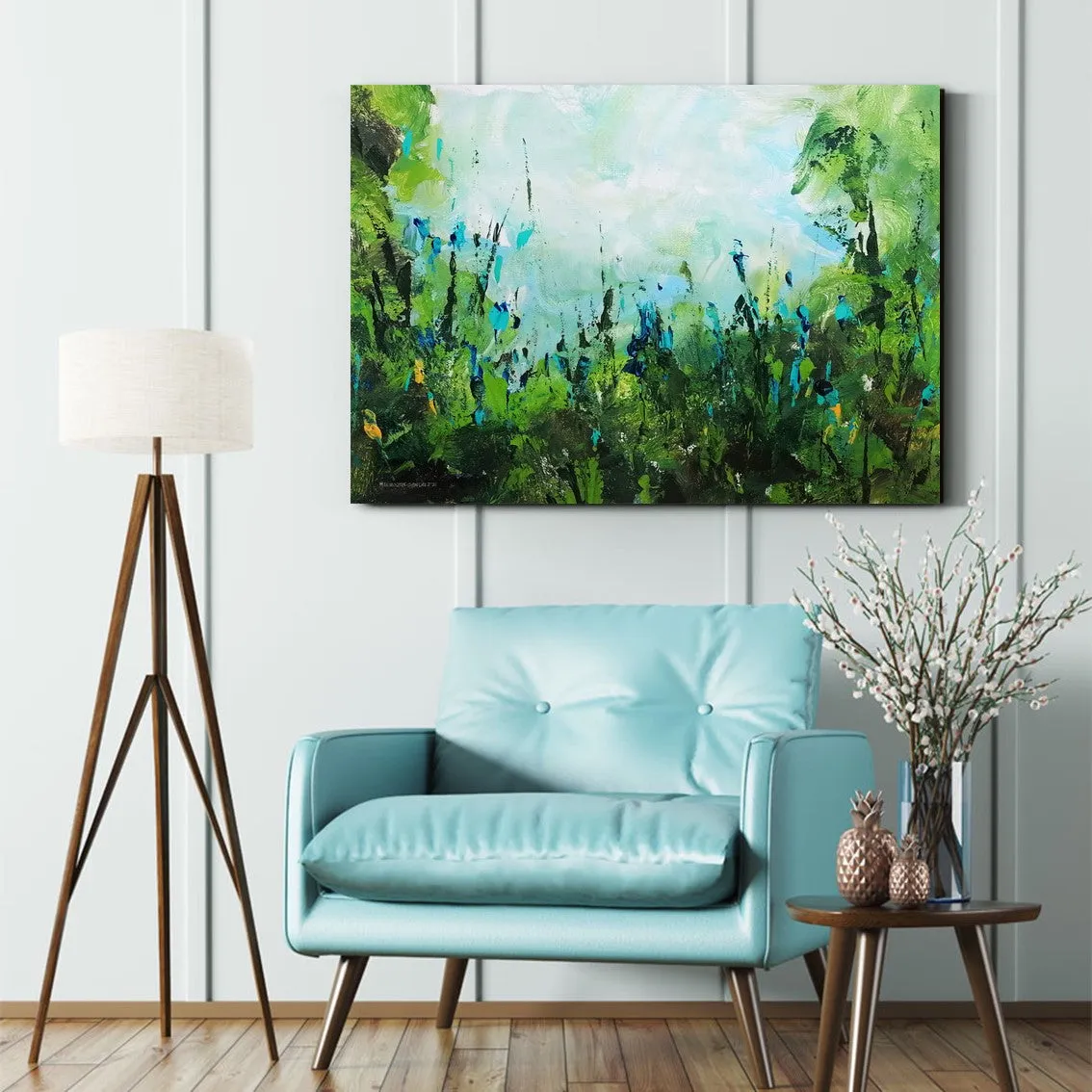 Horizontal blue & green abstract floral wall art print