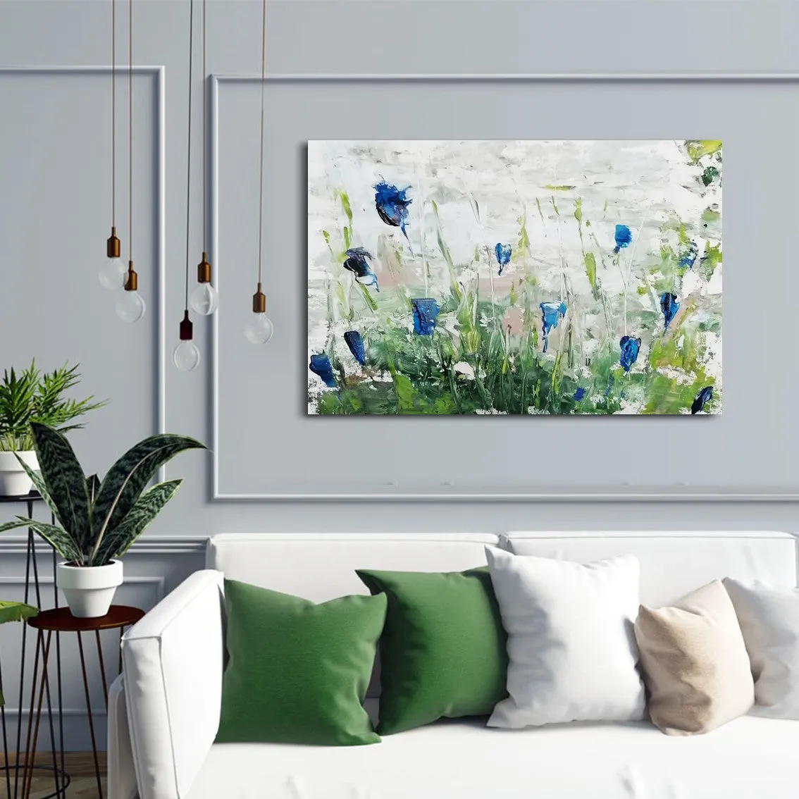 Horizontal blue & green abstract floral wall art print