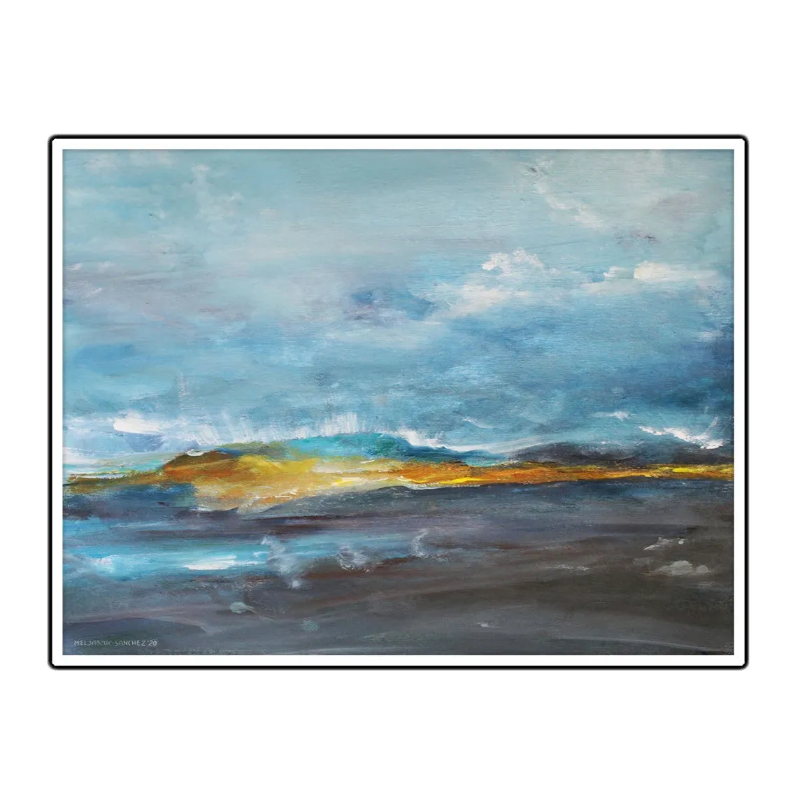 Horizontal blue & orange abstract landscape wall art print