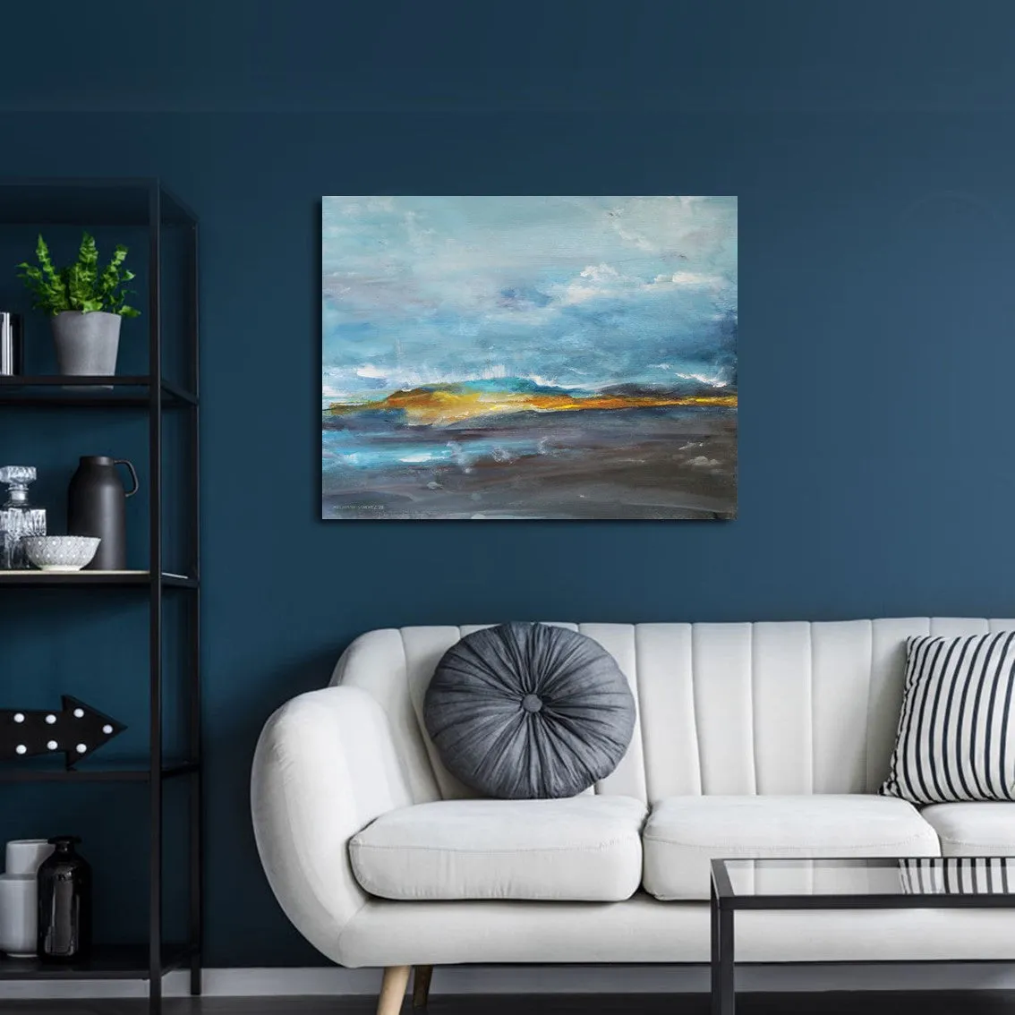 Horizontal blue & orange abstract landscape wall art print