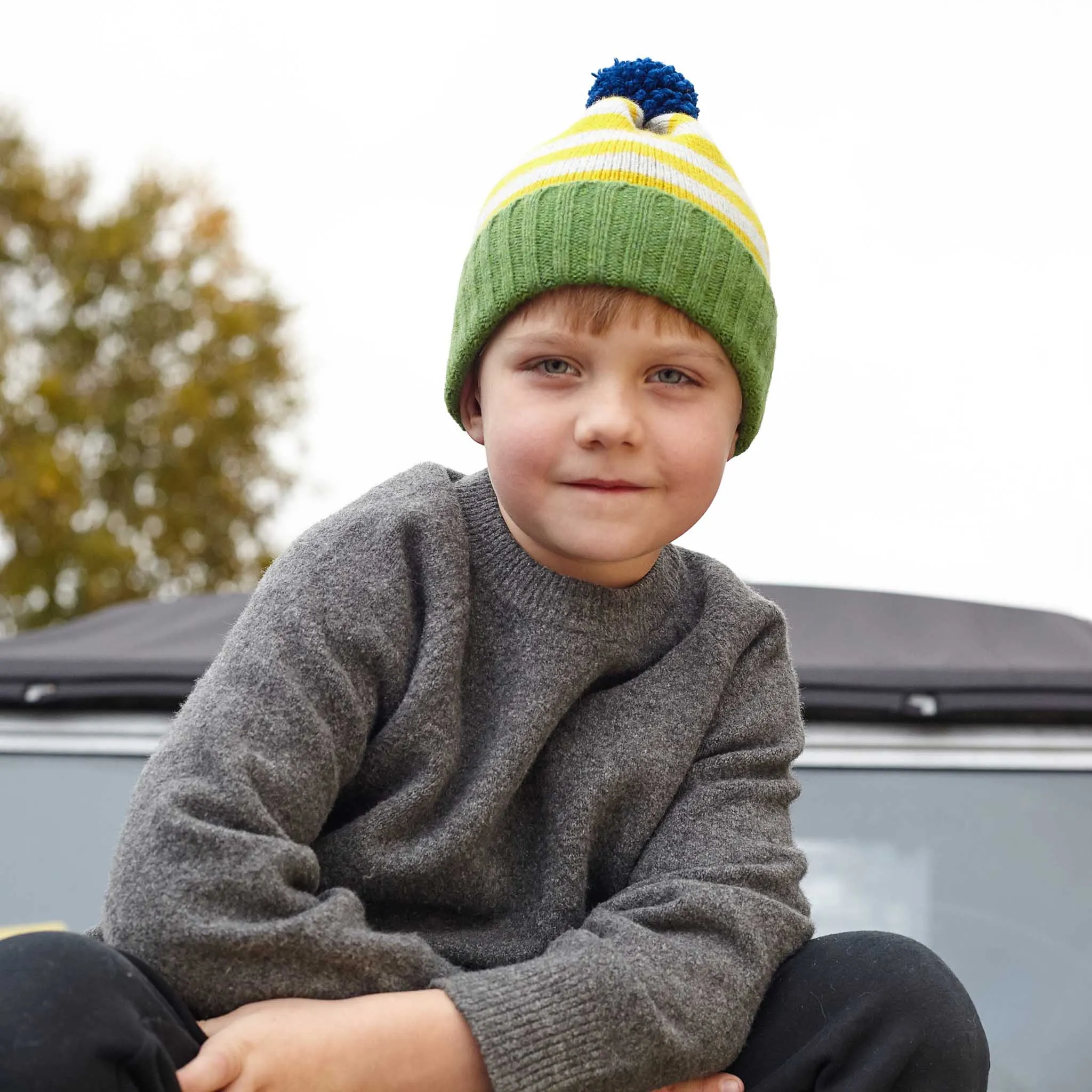 Kids' Green & Electric Yellow Stripe Bobble Hat