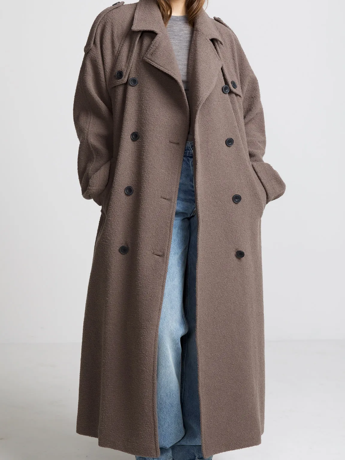 KIRA BOUCLE TRENCHCOAT - GREY BROWN