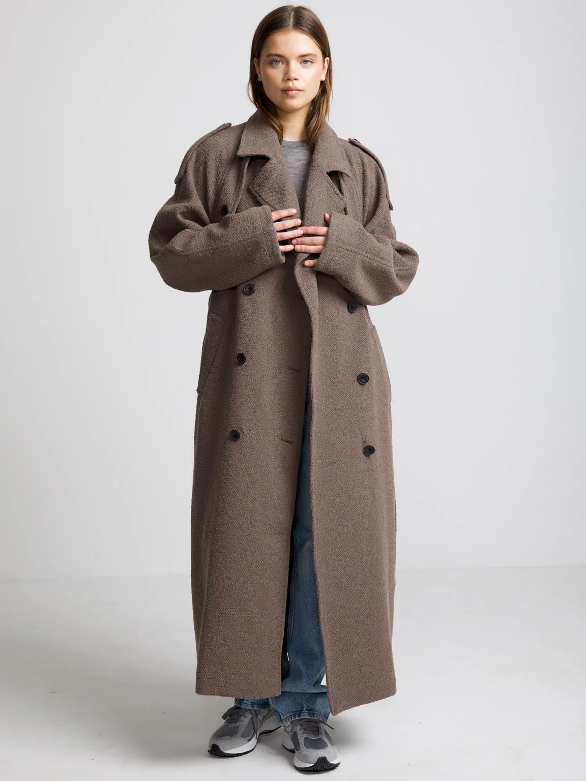 KIRA BOUCLE TRENCHCOAT - GREY BROWN