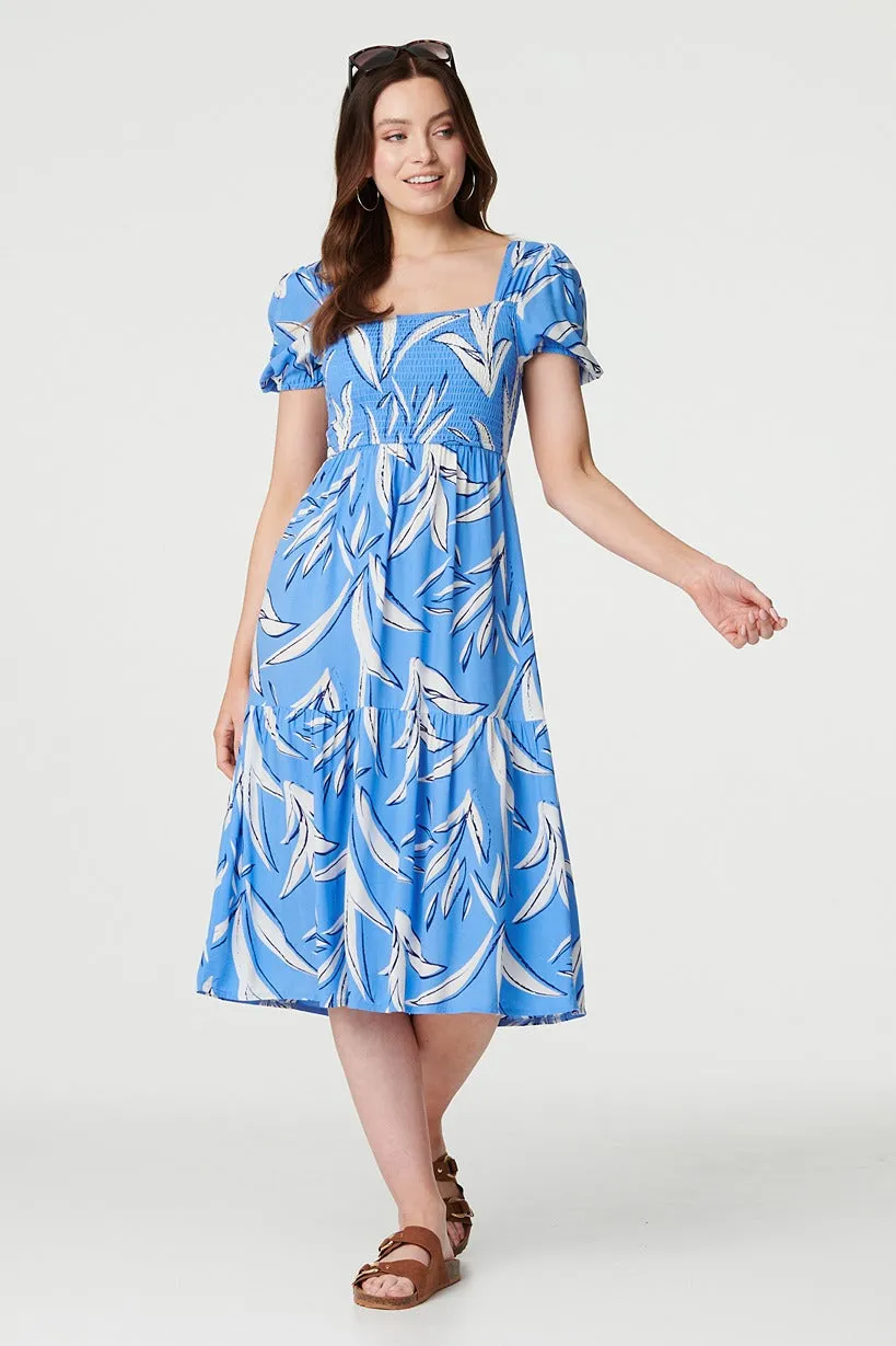 Leaf Print Smocked Midi Dress