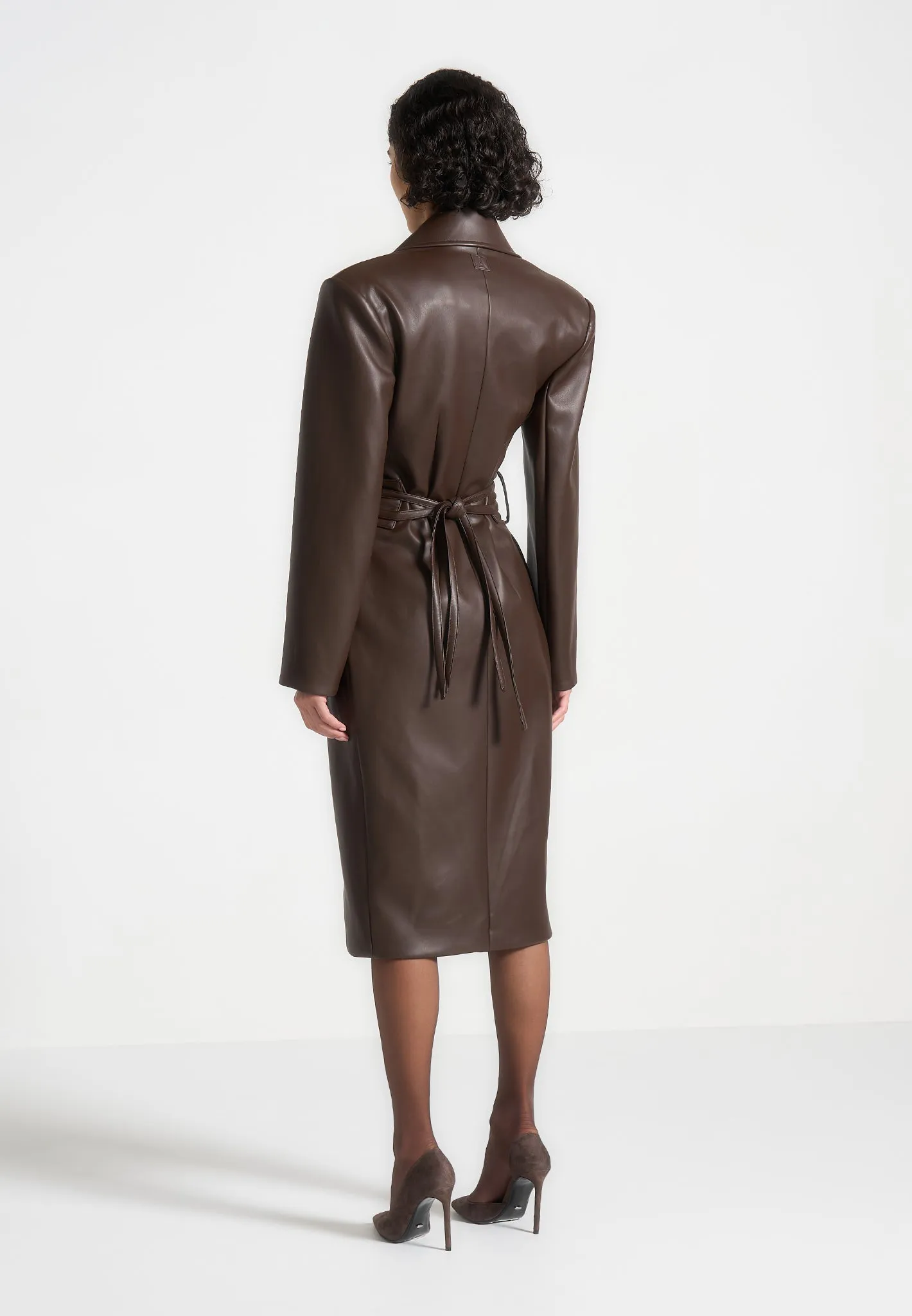 Leather Asymmetric Belted Coat - Brown