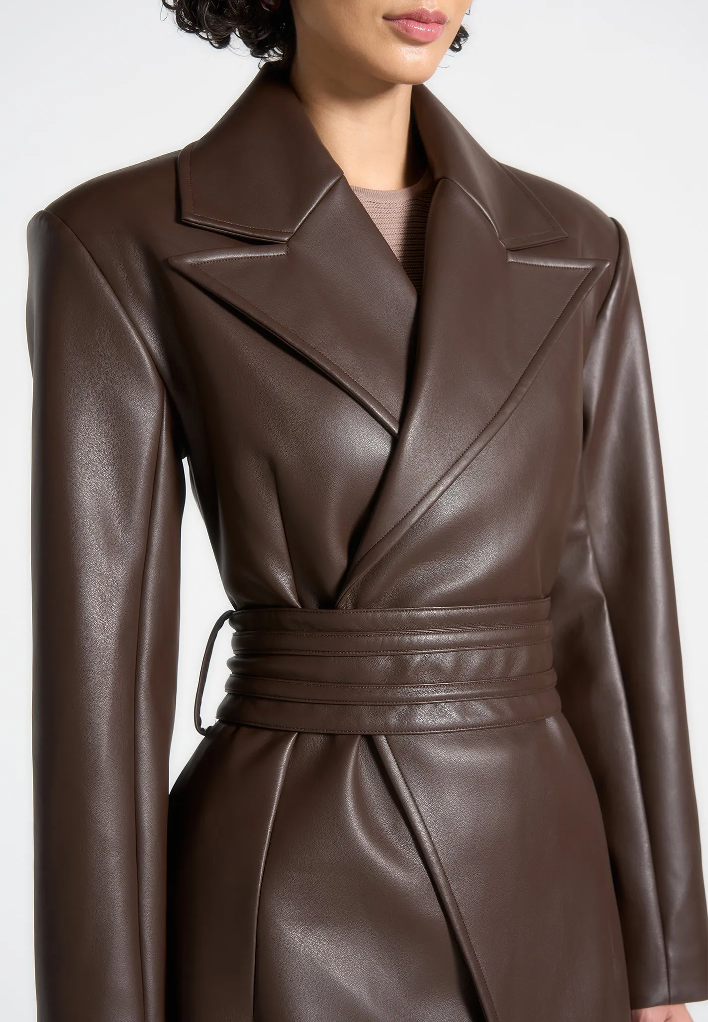 Leather Asymmetric Belted Coat - Brown