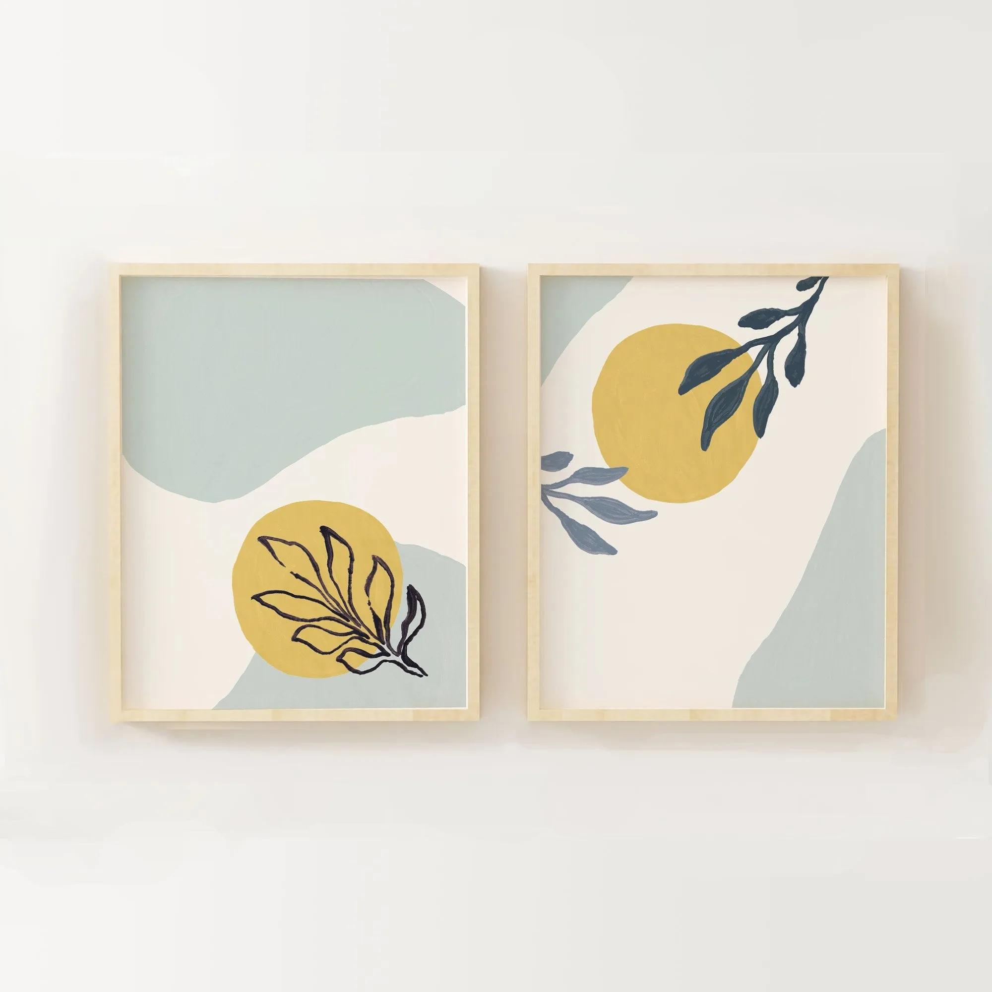 Light blue and Yellow Modern Abstract Wall Print with Shapes and Paint Brushed Leaf