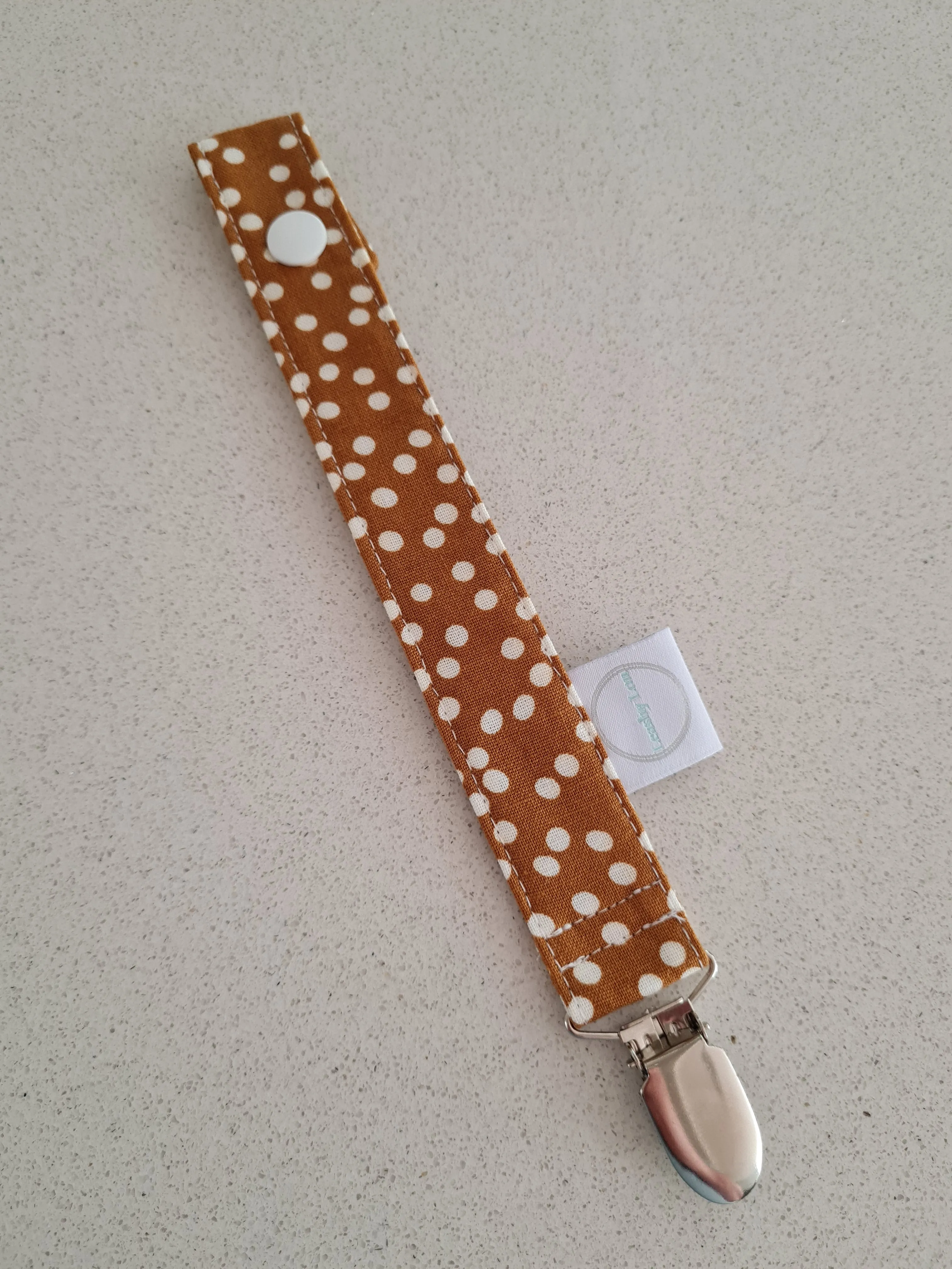 Linen Mustard Polkadots Dummy Clip / Pacifier Clip