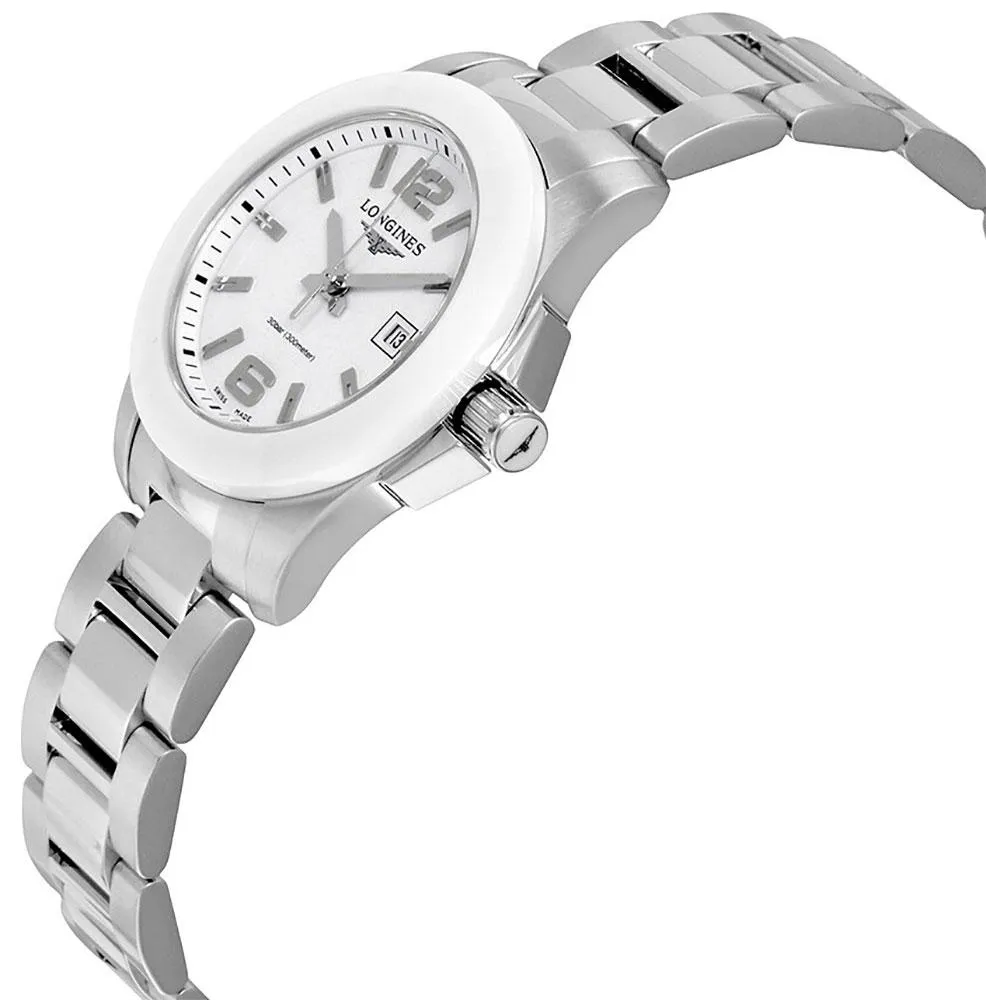 Longines Conquest Stainless Steel & Ceramic White Dial Date Quartz Divers Womens Watch L3.257.4.16.6