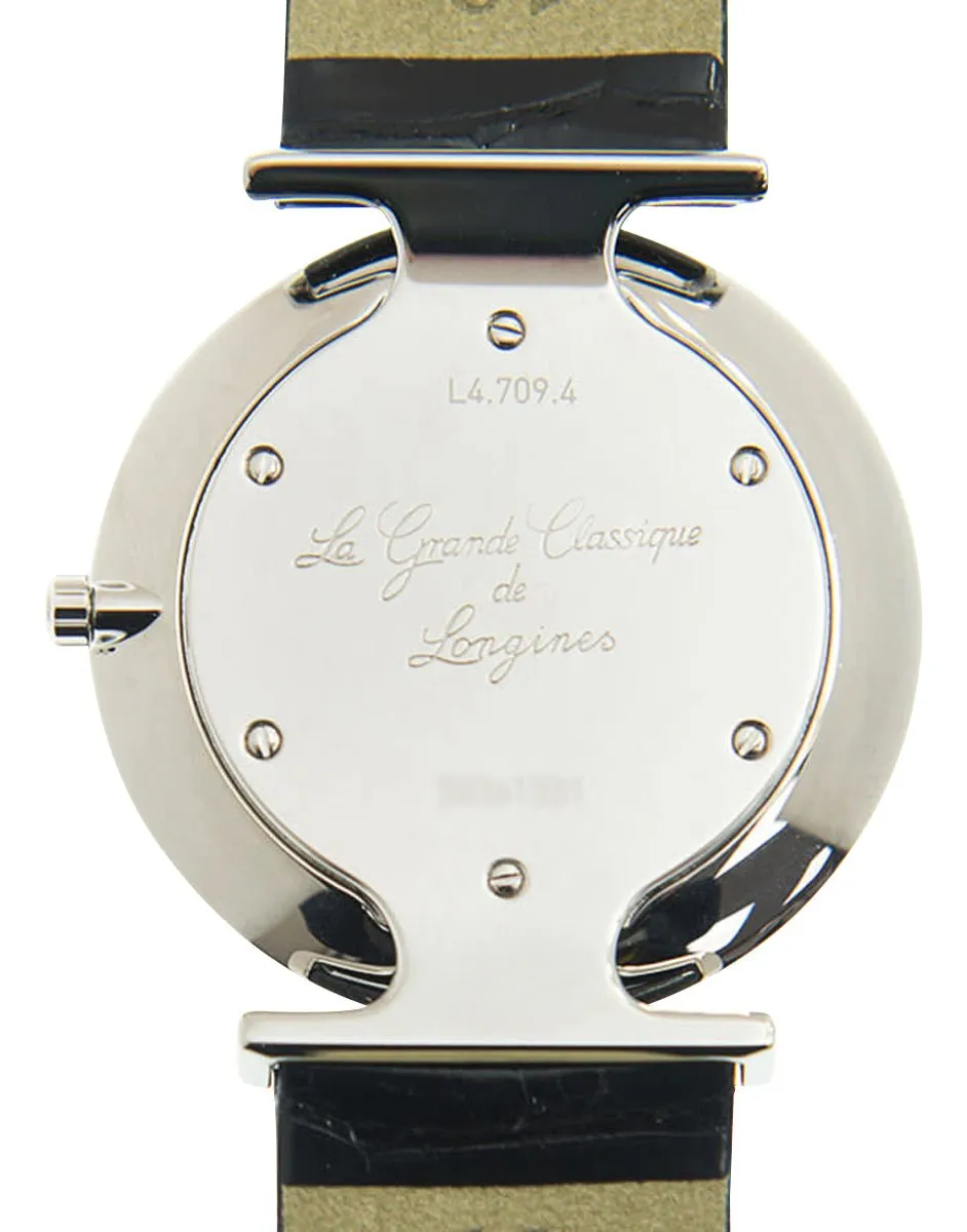 Longines La Grande Classique Stainless Steel Mother-Of-Pearl Dial Black Leather Strap Diamonds Quartz Womens Watch L4.709.4.88.2