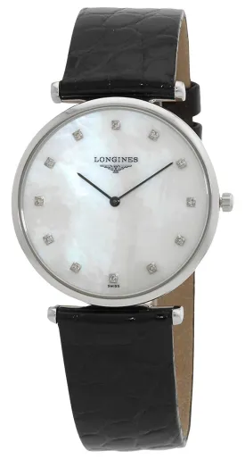 Longines La Grande Classique Stainless Steel Mother-Of-Pearl Dial Black Leather Strap Diamonds Quartz Womens Watch L4.709.4.88.2