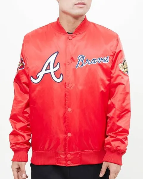 MLB ATLANTA BRAVES CHEST HIT MEN'SLOGO SATIN JACKET (RED)