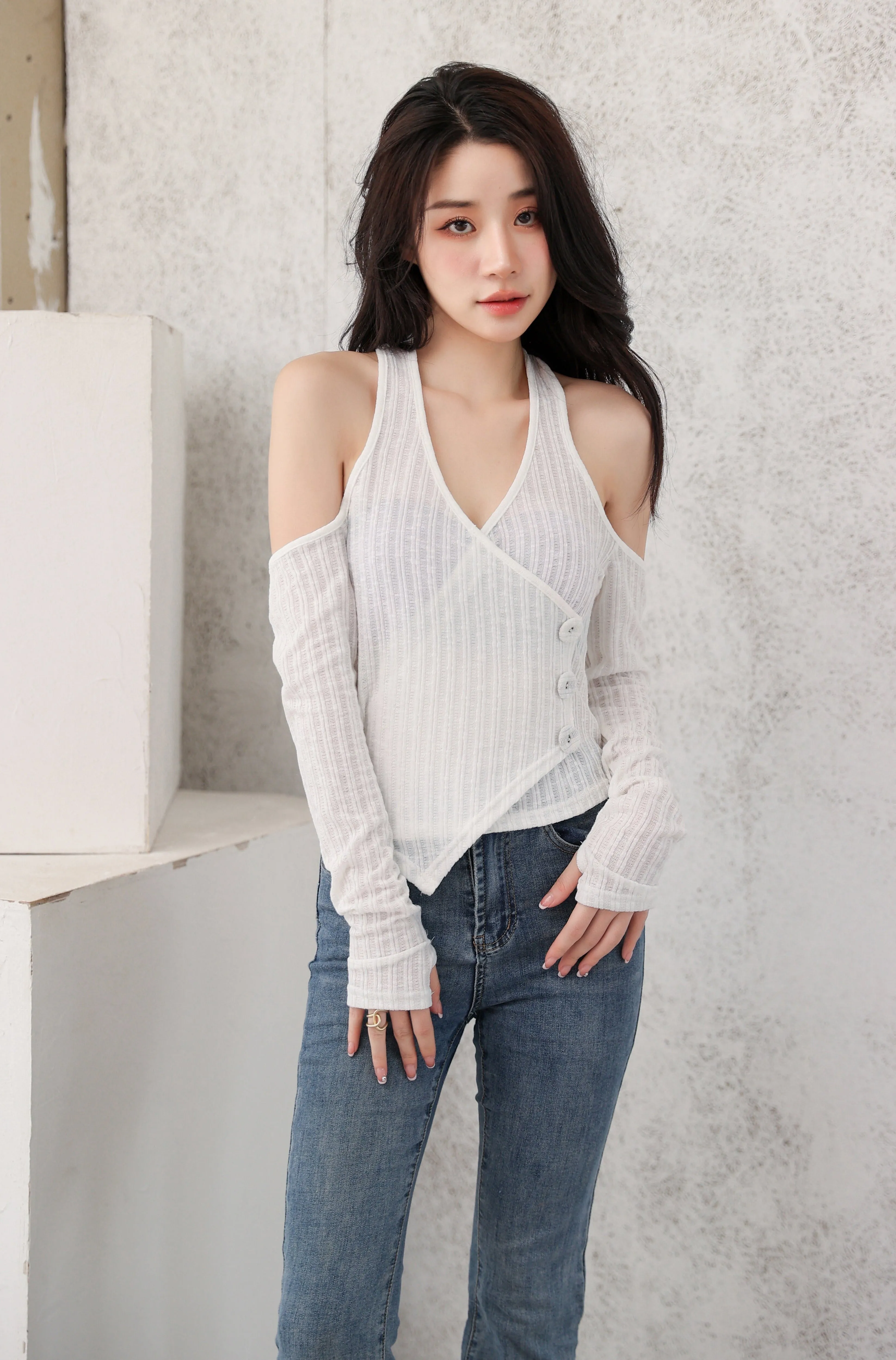 Mock Layer Cold Shoulder Knit Crop Top