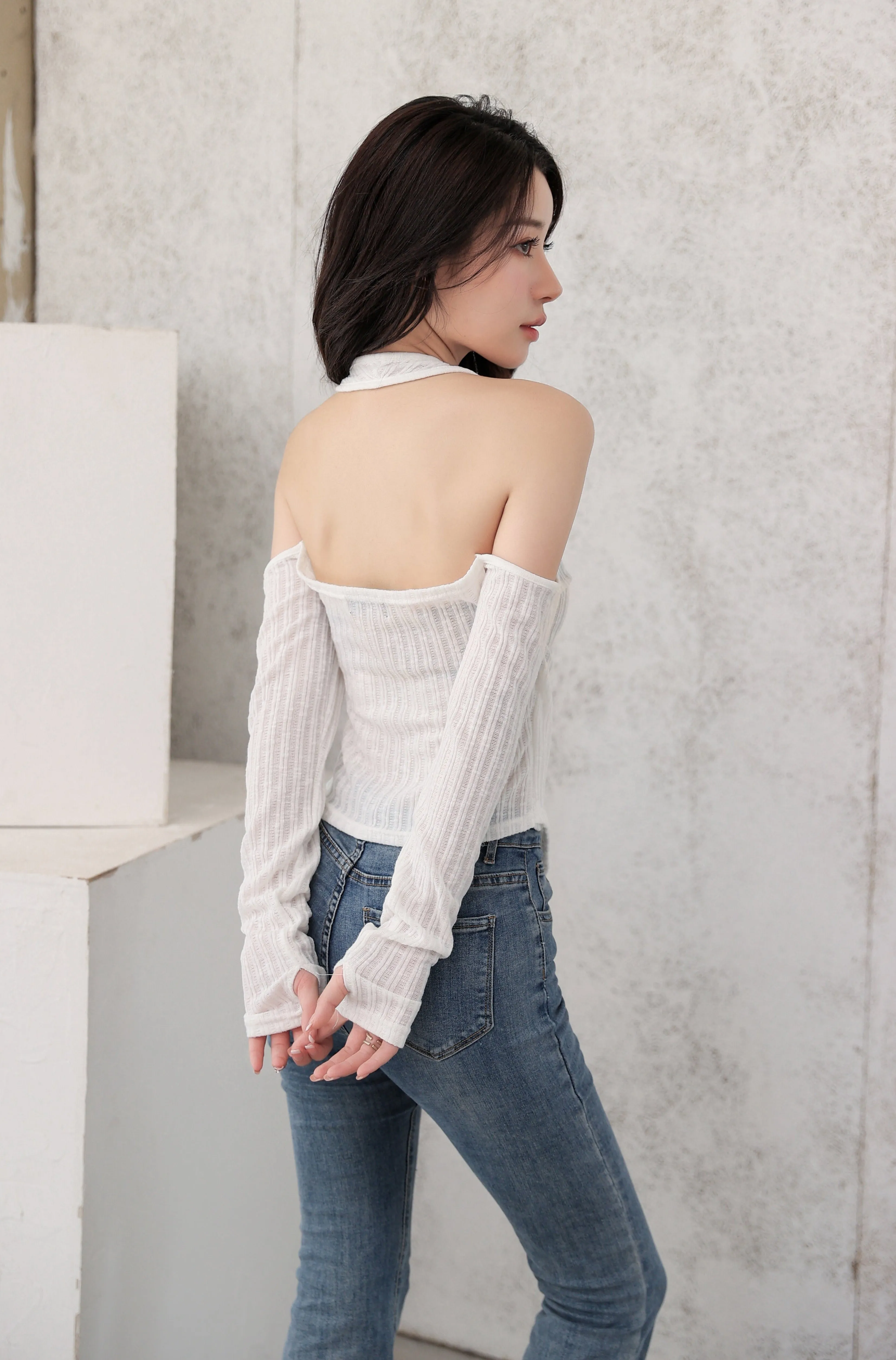 Mock Layer Cold Shoulder Knit Crop Top