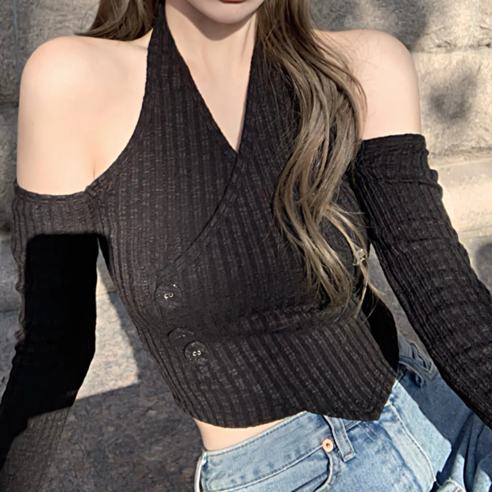 Mock Layer Cold Shoulder Knit Crop Top