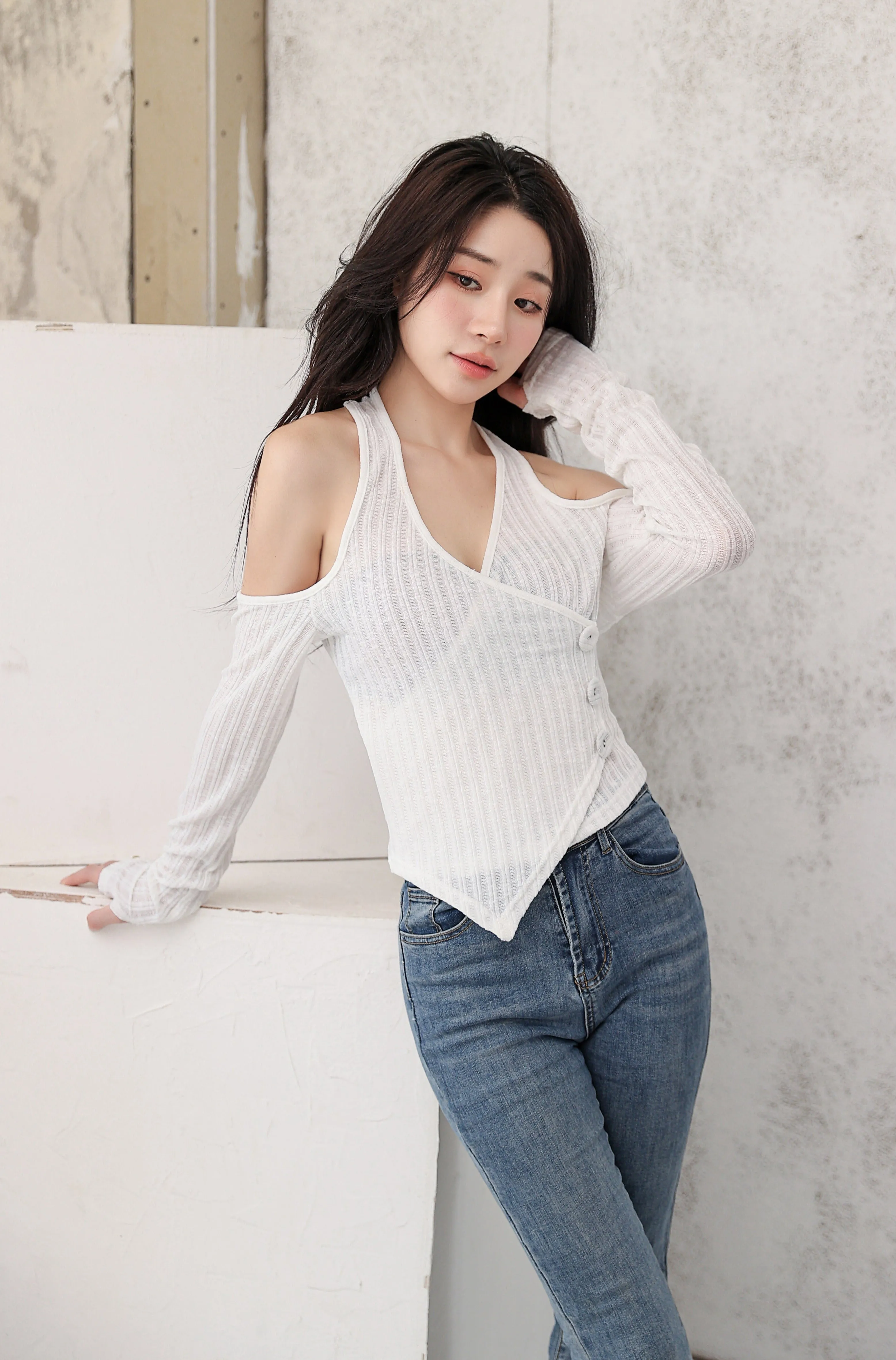 Mock Layer Cold Shoulder Knit Crop Top