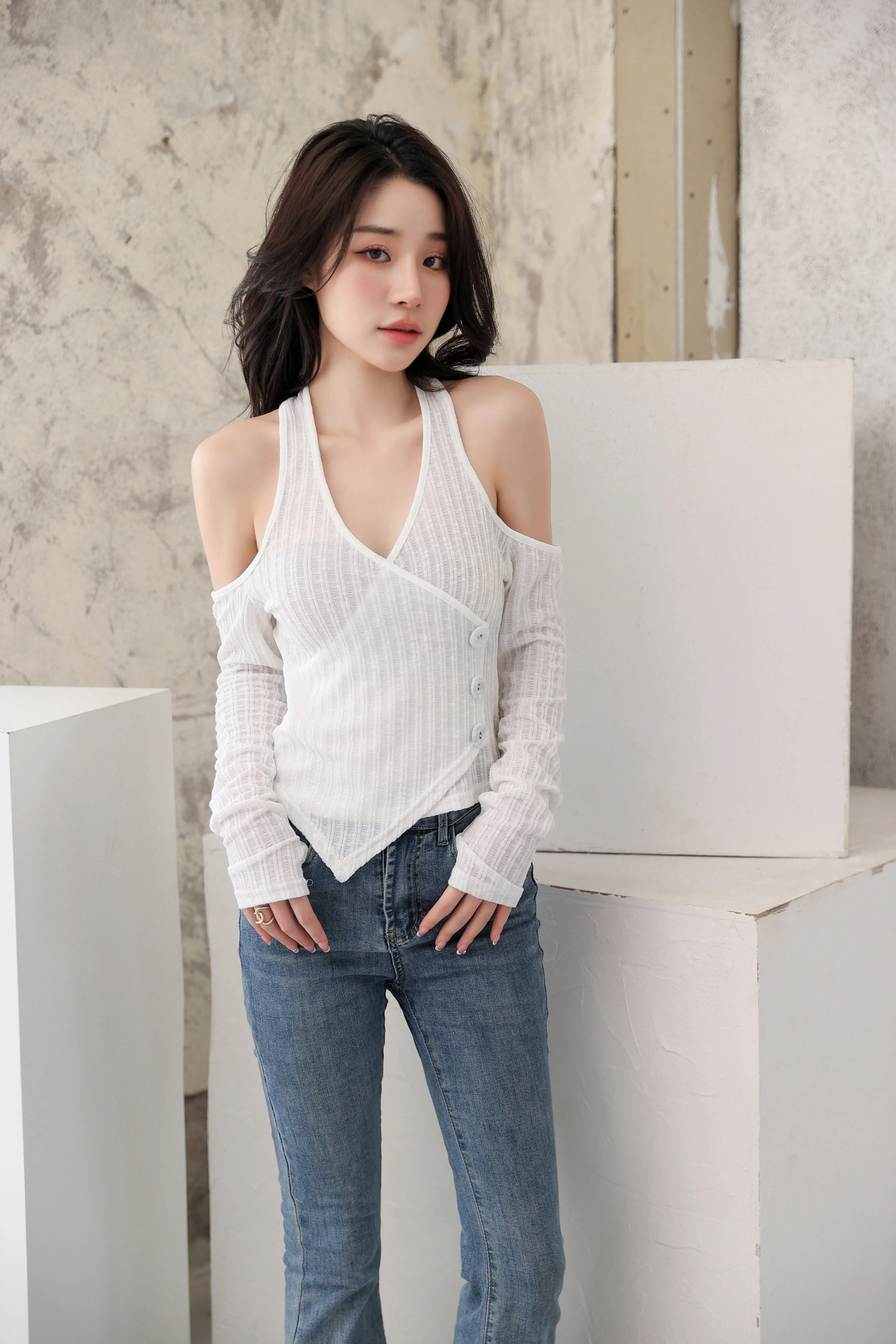 Mock Layer Cold Shoulder Knit Crop Top