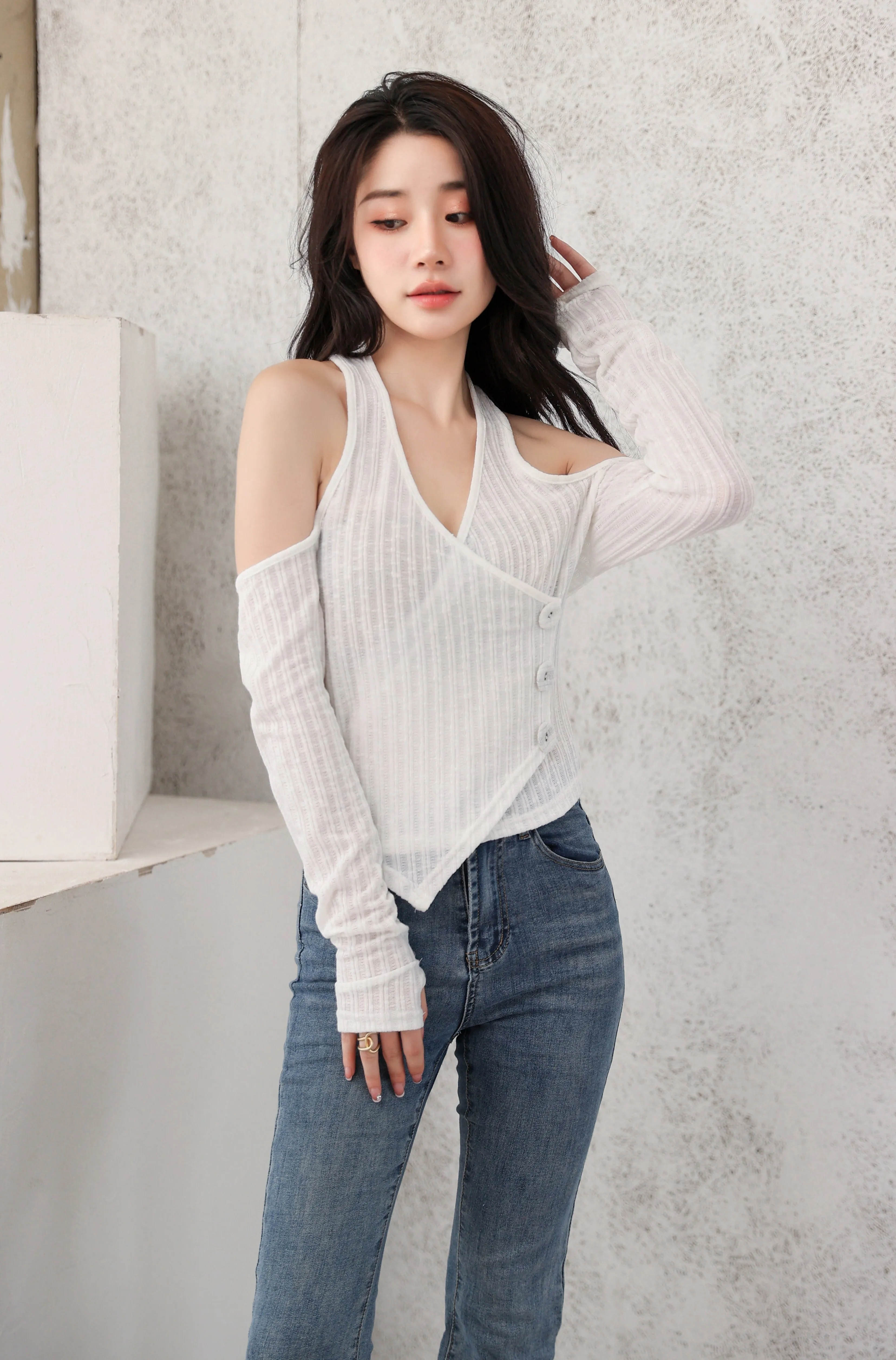 Mock Layer Cold Shoulder Knit Crop Top