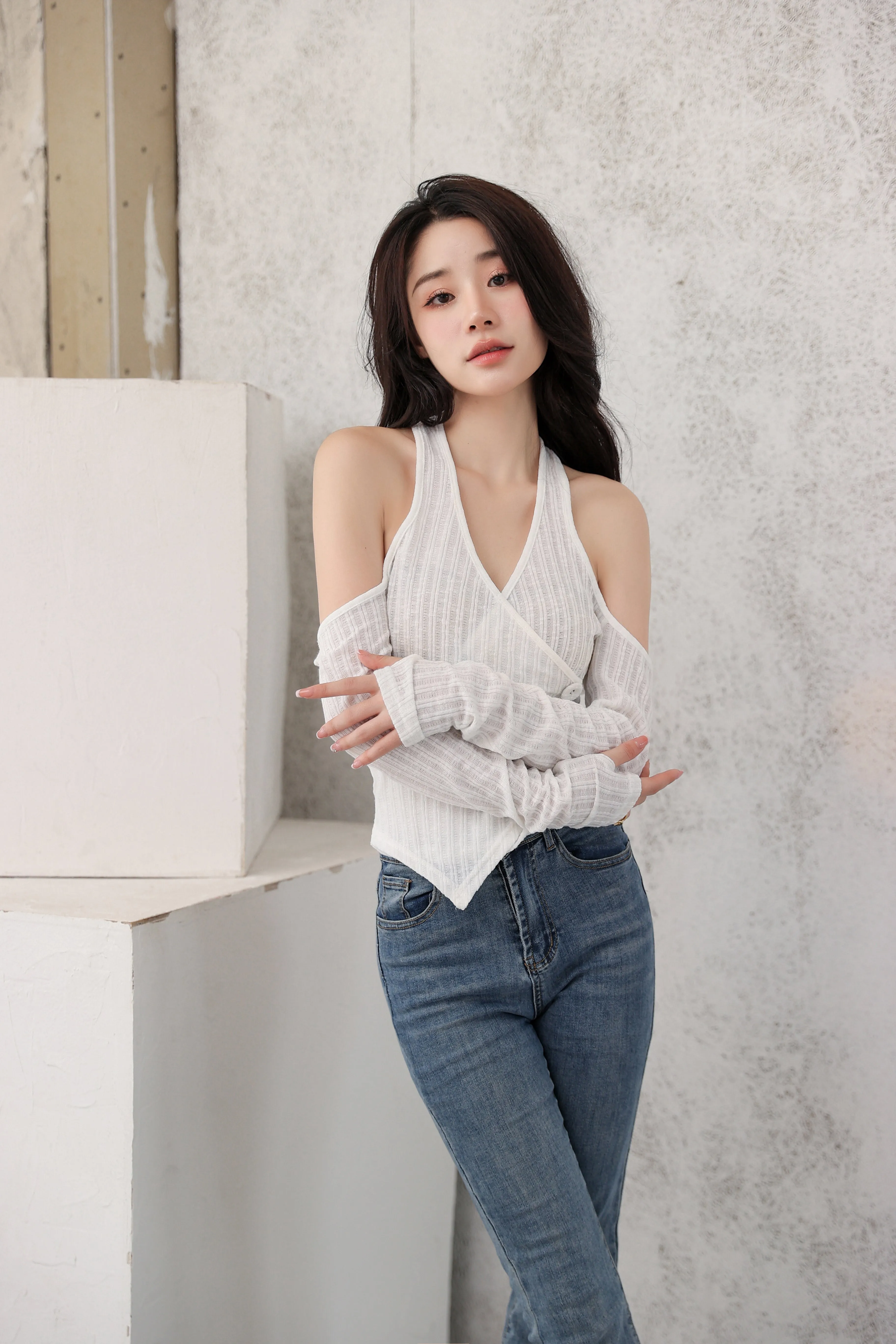 Mock Layer Cold Shoulder Knit Crop Top