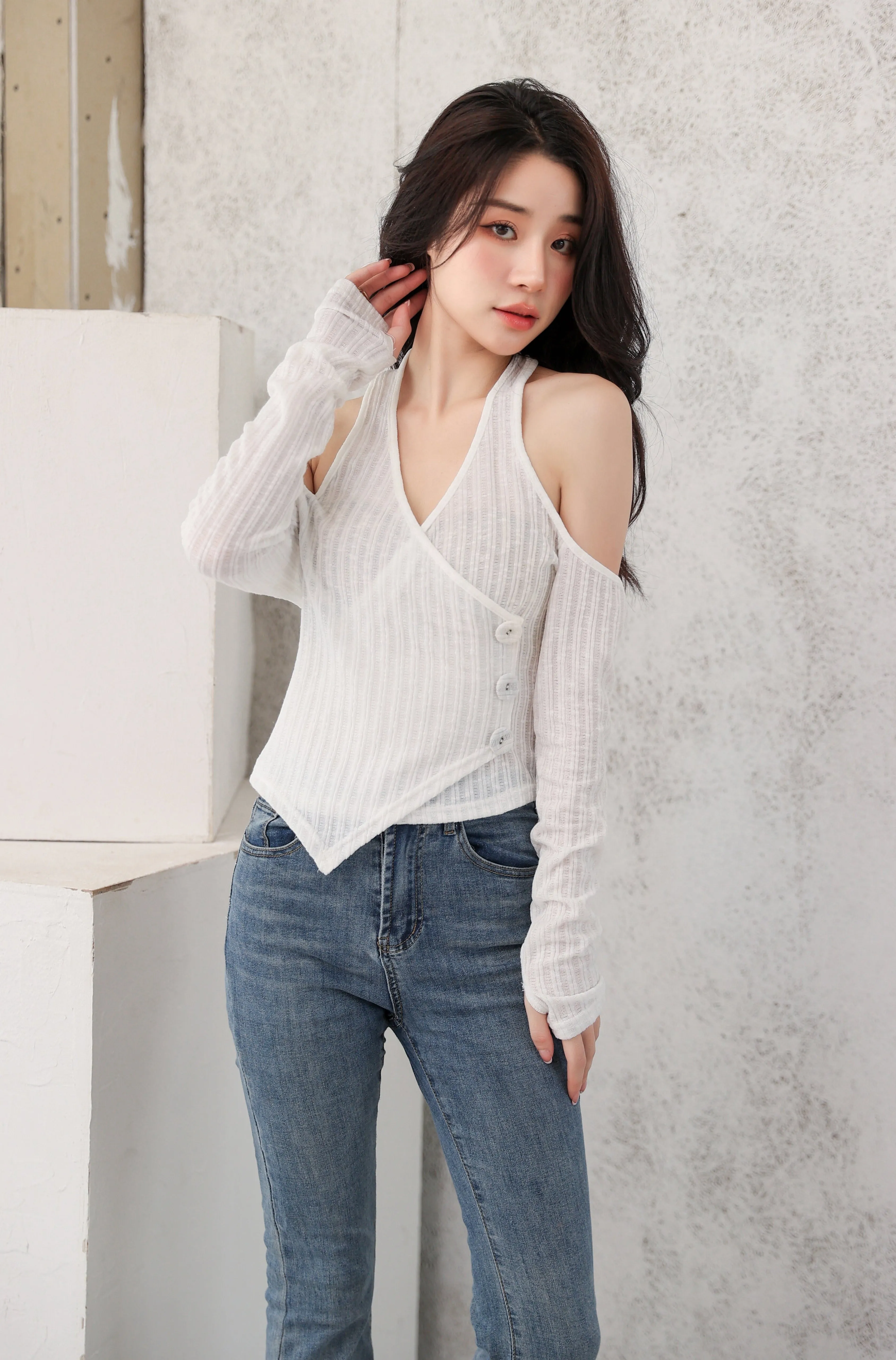 Mock Layer Cold Shoulder Knit Crop Top