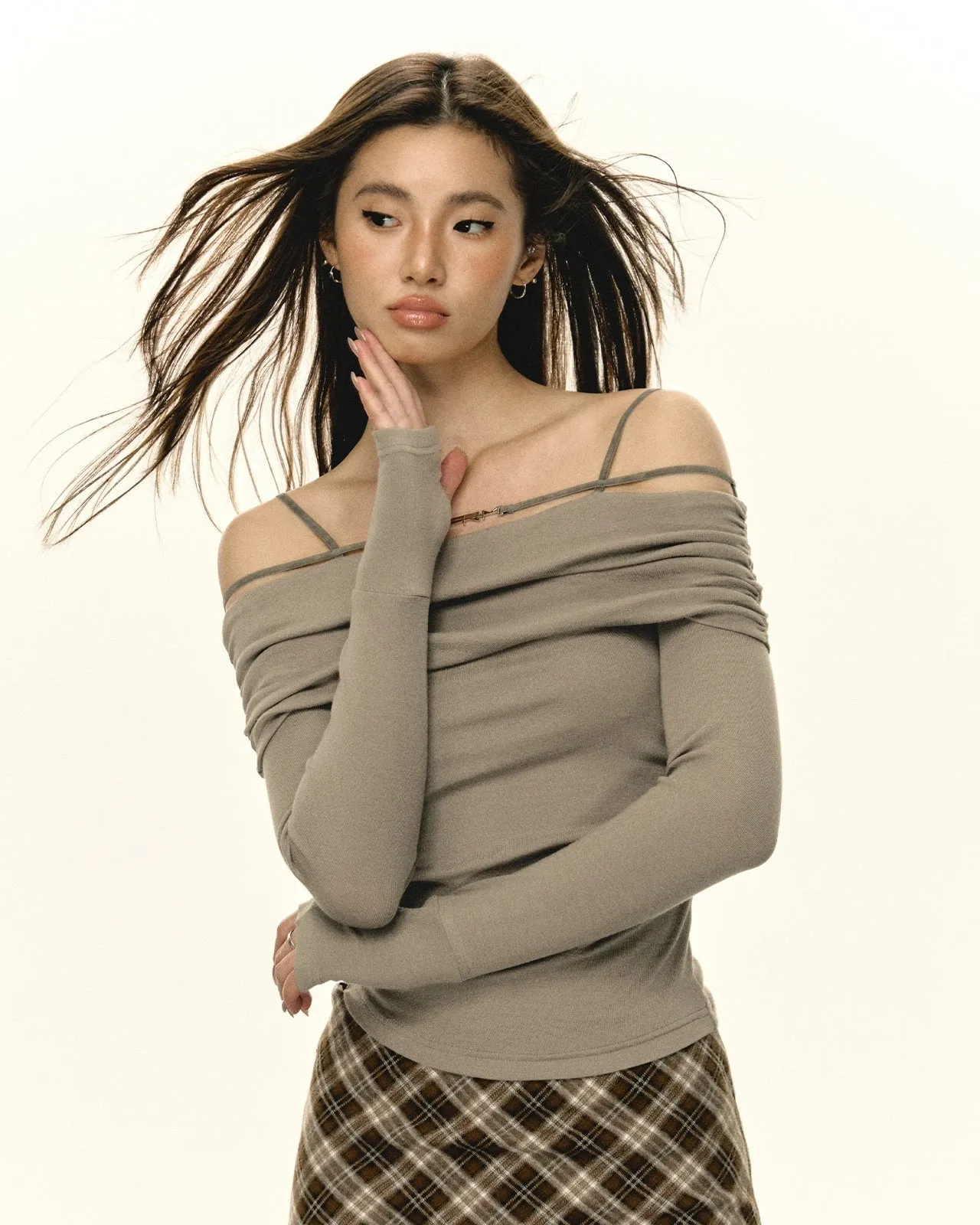 Off-Shoulder Layered Long Sleeve Ruched Skinny Top