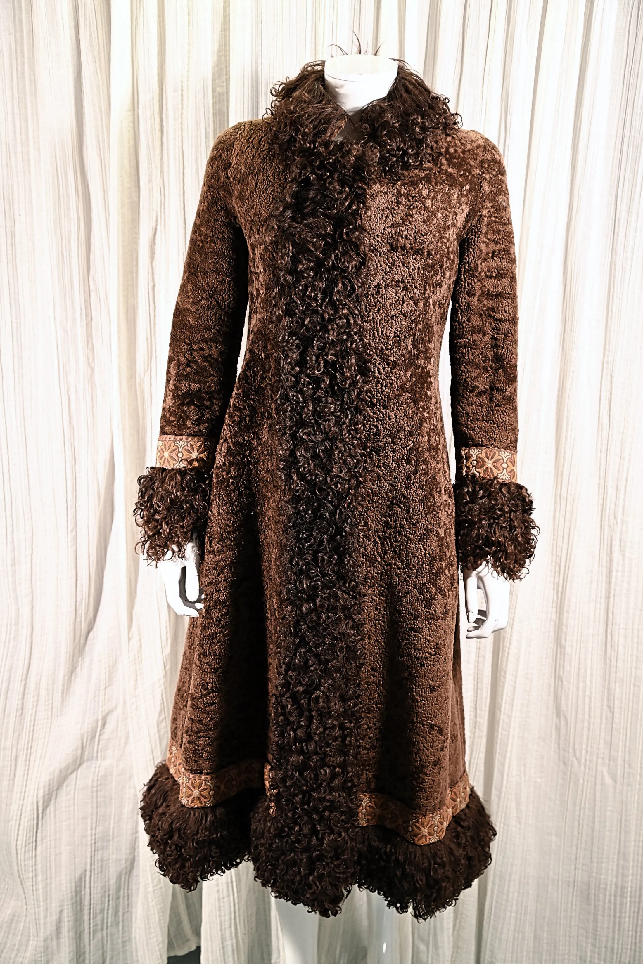 OOAK Vintage Shearling Brown Coat Mongolian Curly Lamb & Tapestry Trim, XS