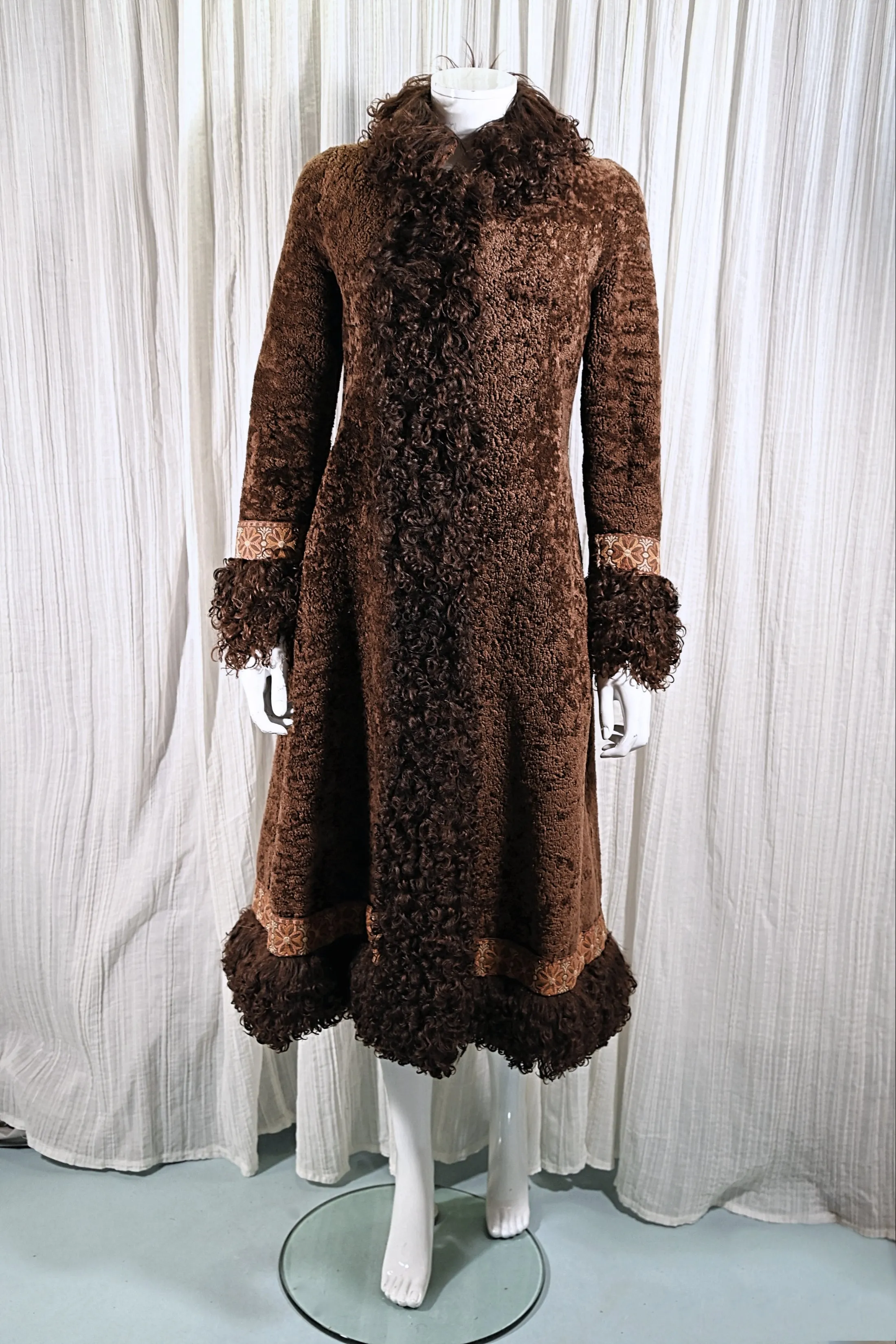 OOAK Vintage Shearling Brown Coat Mongolian Curly Lamb & Tapestry Trim, XS