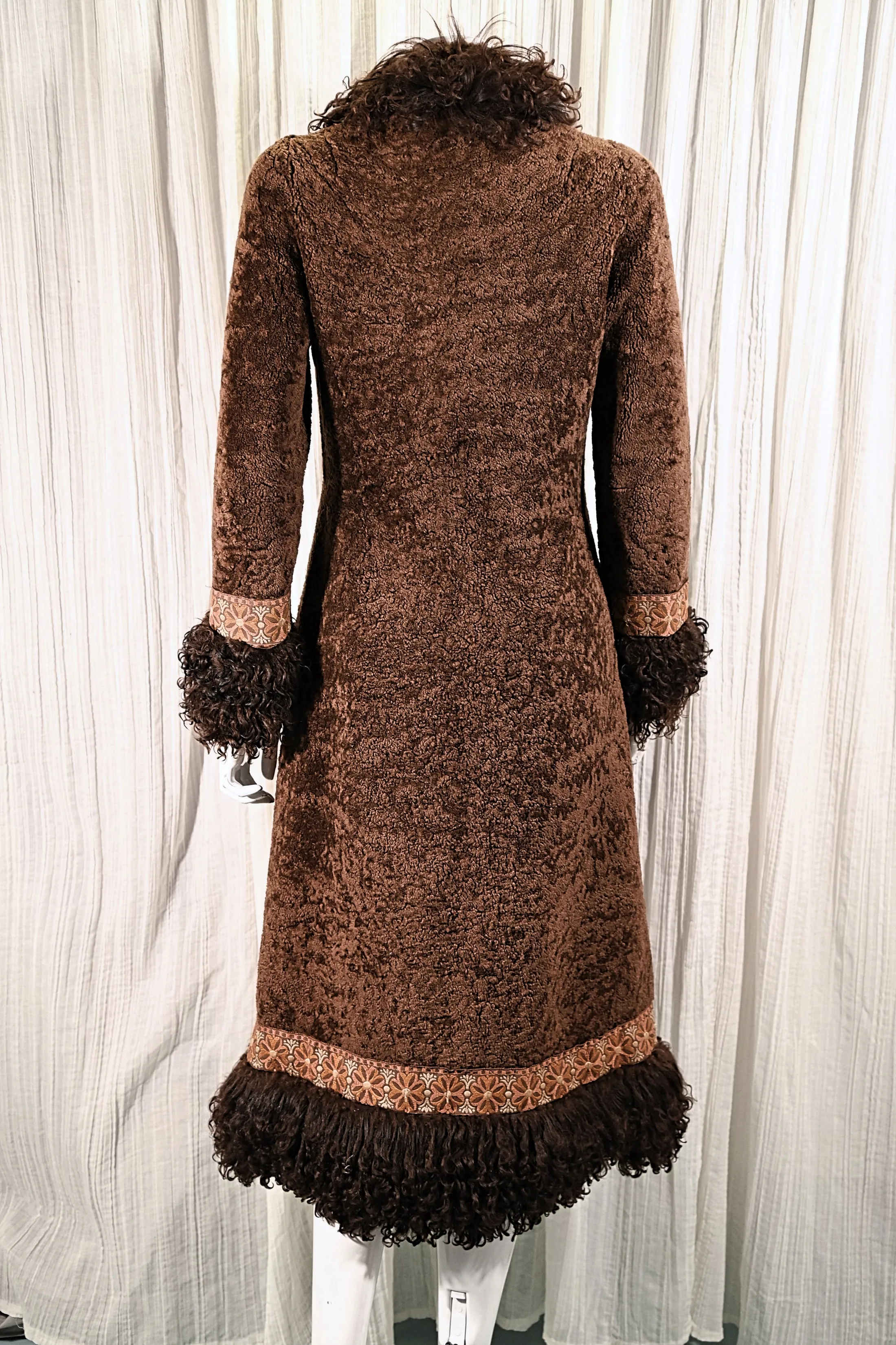 OOAK Vintage Shearling Brown Coat Mongolian Curly Lamb & Tapestry Trim, XS