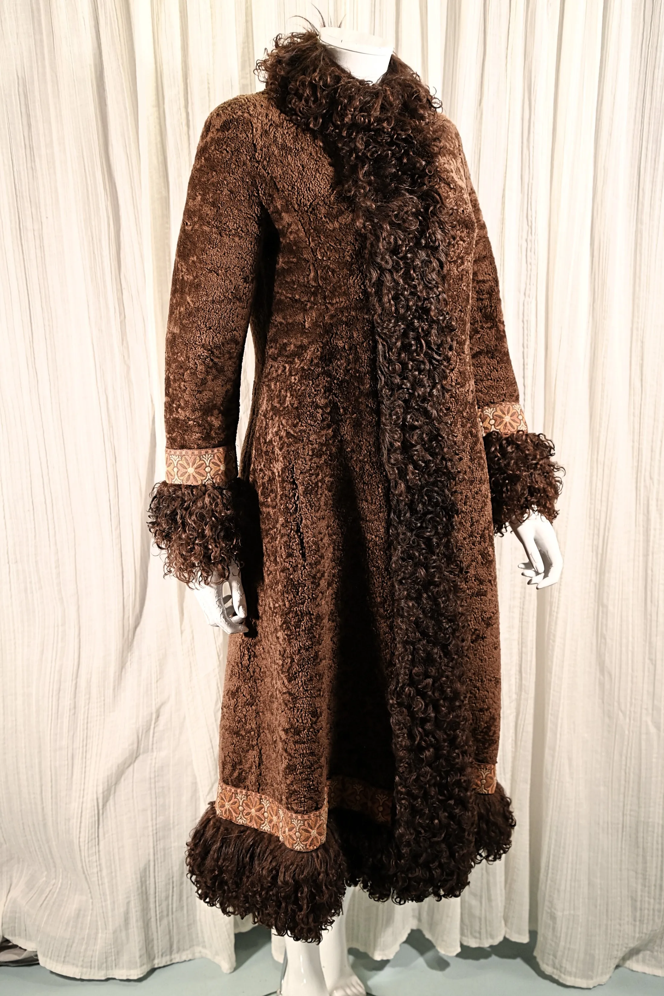 OOAK Vintage Shearling Brown Coat Mongolian Curly Lamb & Tapestry Trim, XS