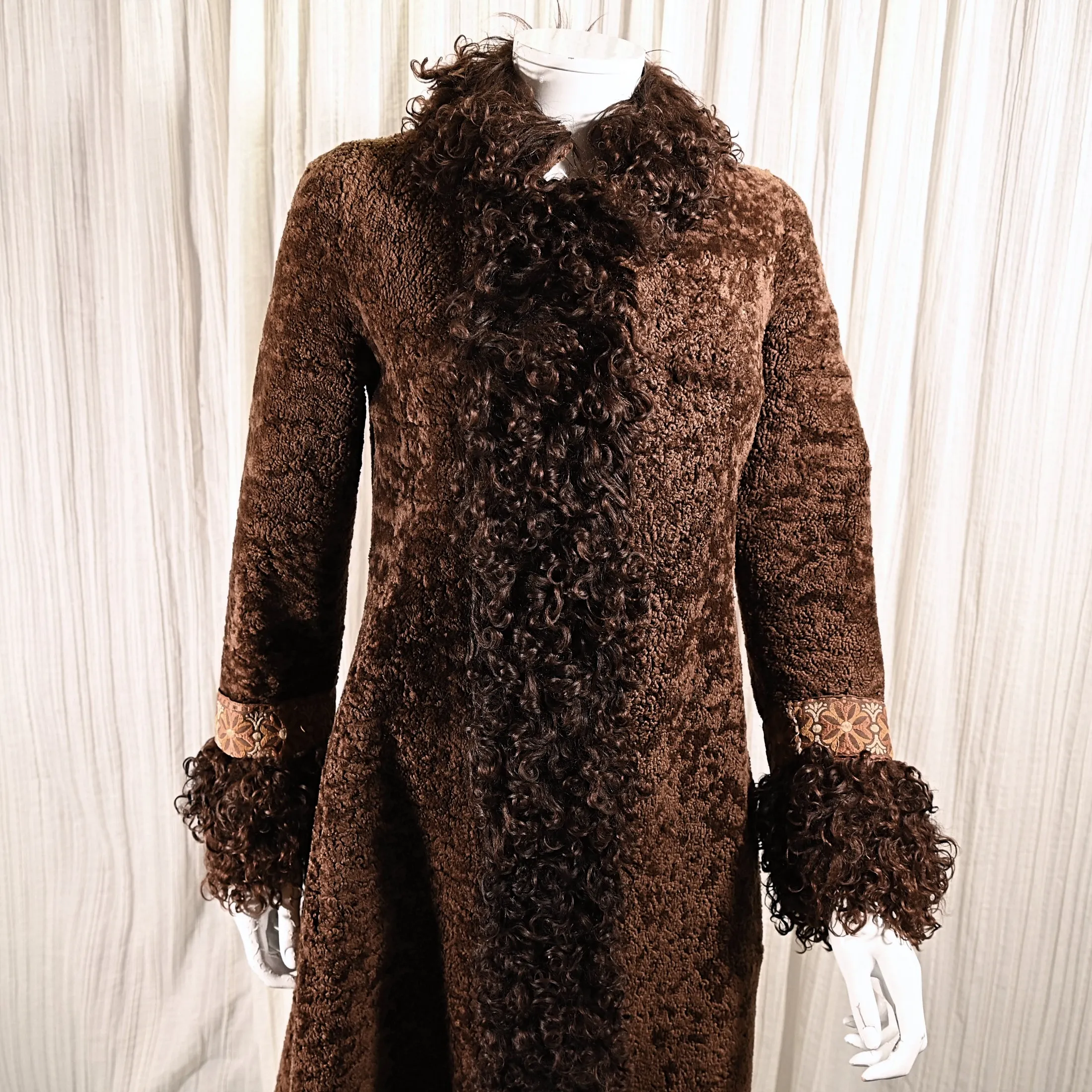 OOAK Vintage Shearling Brown Coat Mongolian Curly Lamb & Tapestry Trim, XS