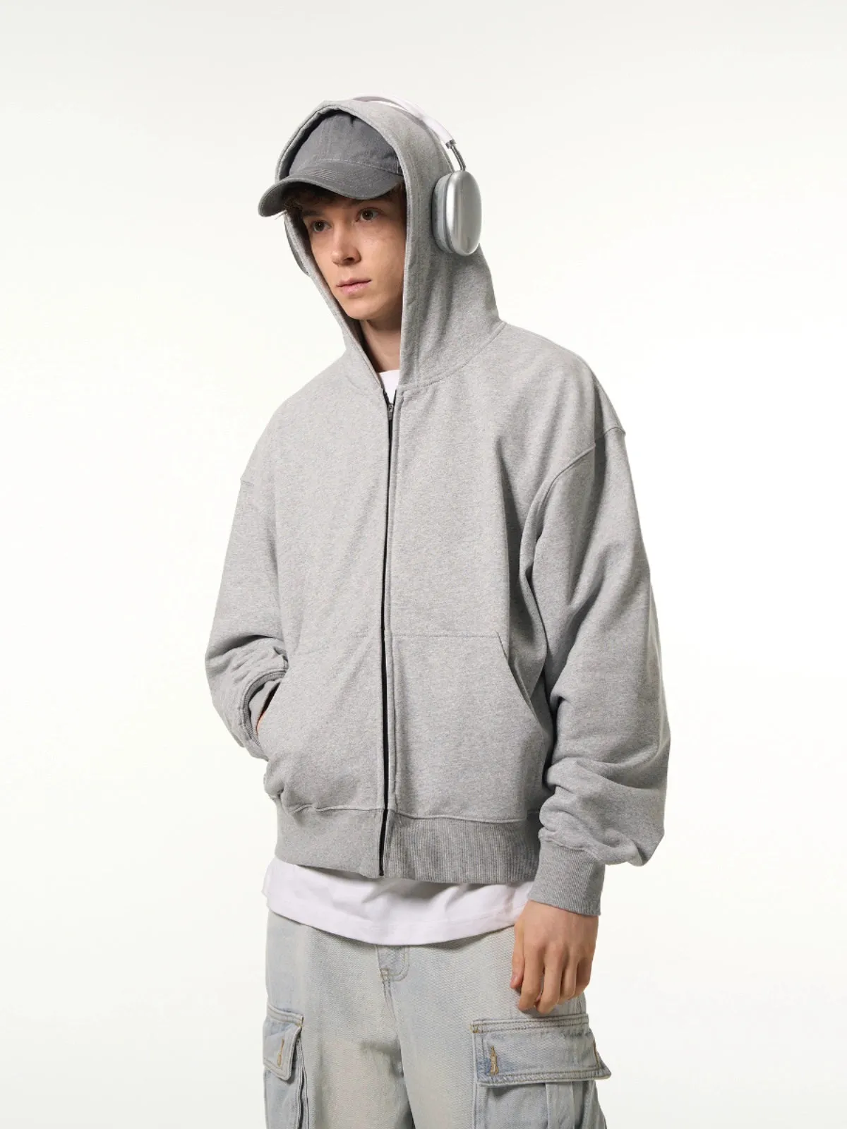 Oversized Boxy Mid-Crop Zip-Up Hoodie