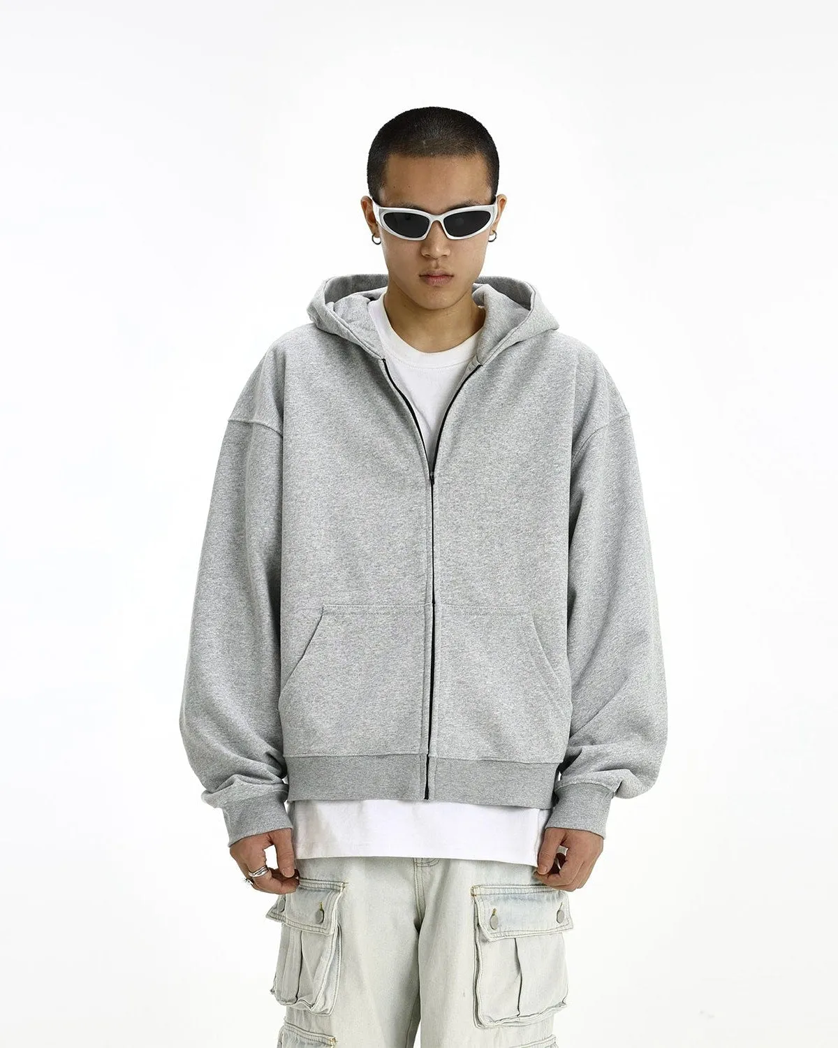 Oversized Mid-Crop Zip-Up Lightweight Hoodie with Pockets