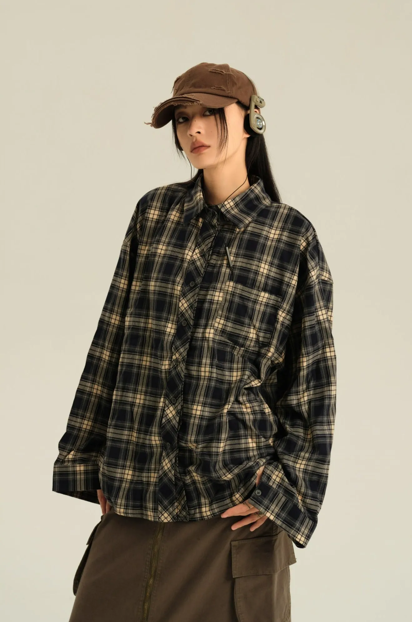 Oversized Single Pocket Plaid Shirt