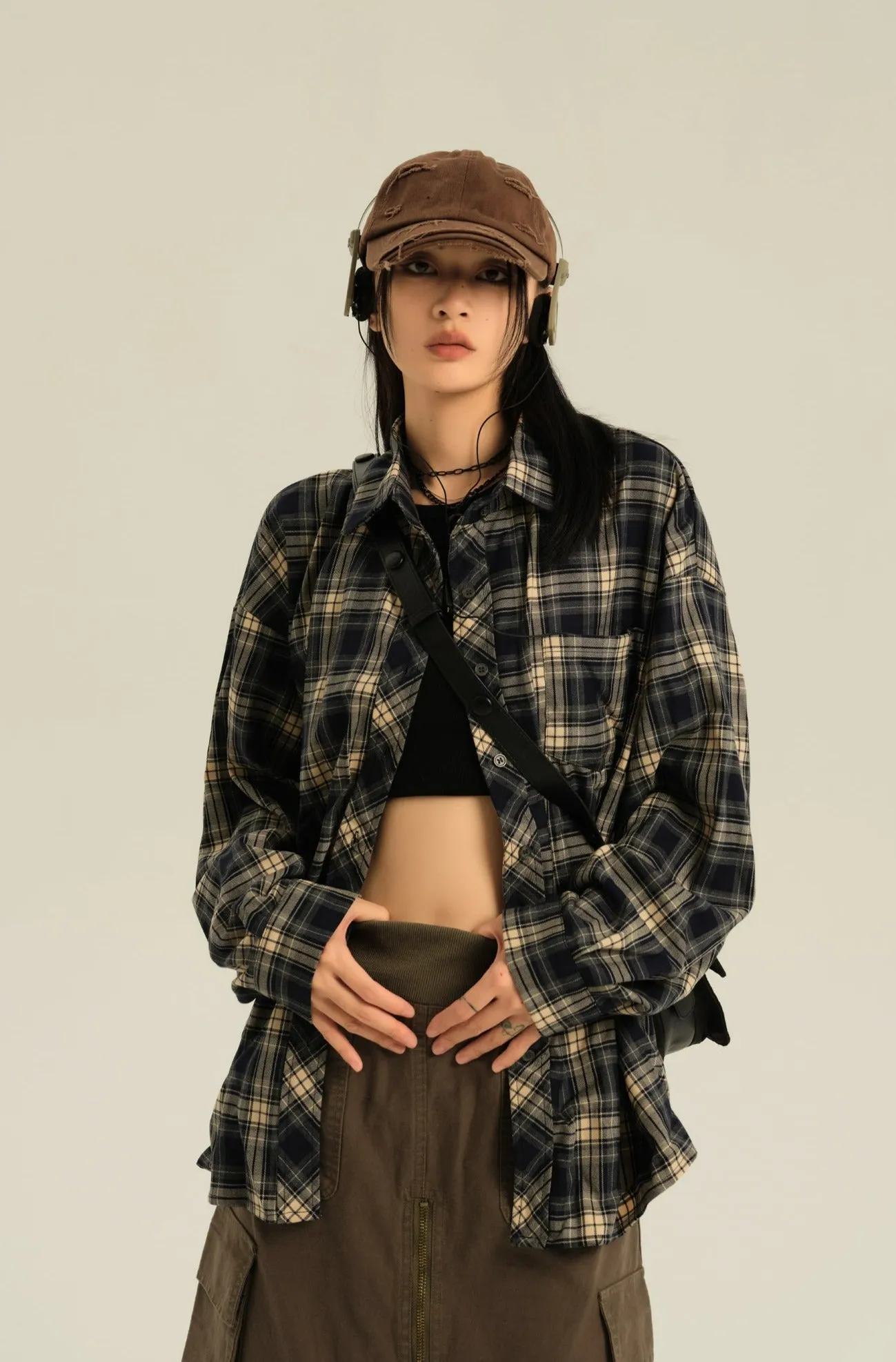 Oversized Single Pocket Plaid Shirt