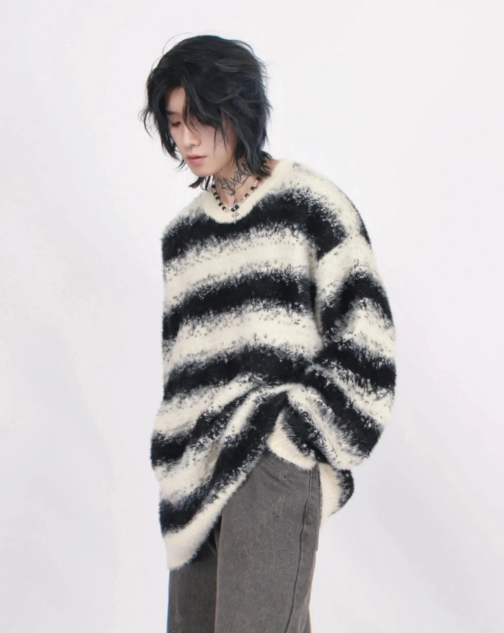 Oversized Striped Fuzzy Knit Sweater